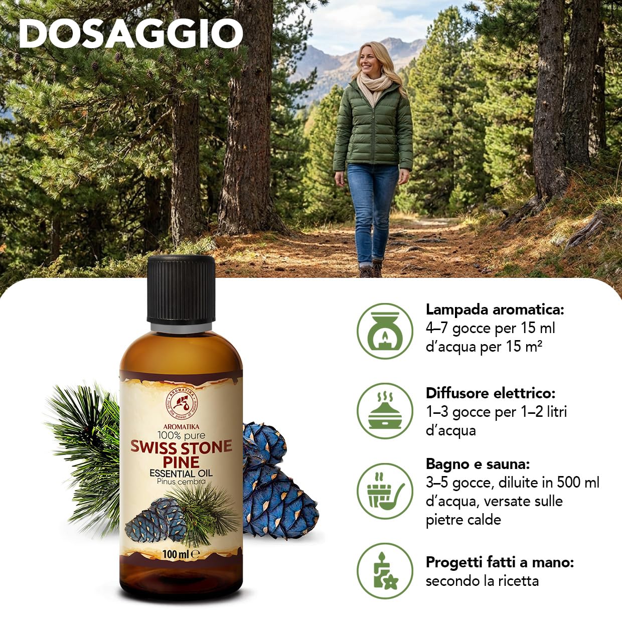 Olio Essenziale di Pino Svizzero 100 ml - Pinus Cembra - Svizzera - 100% Puro & Naturale - Aroma di Conifere - Olio Essenziale di Pino Cembro per Diffusori - Aromaterapia