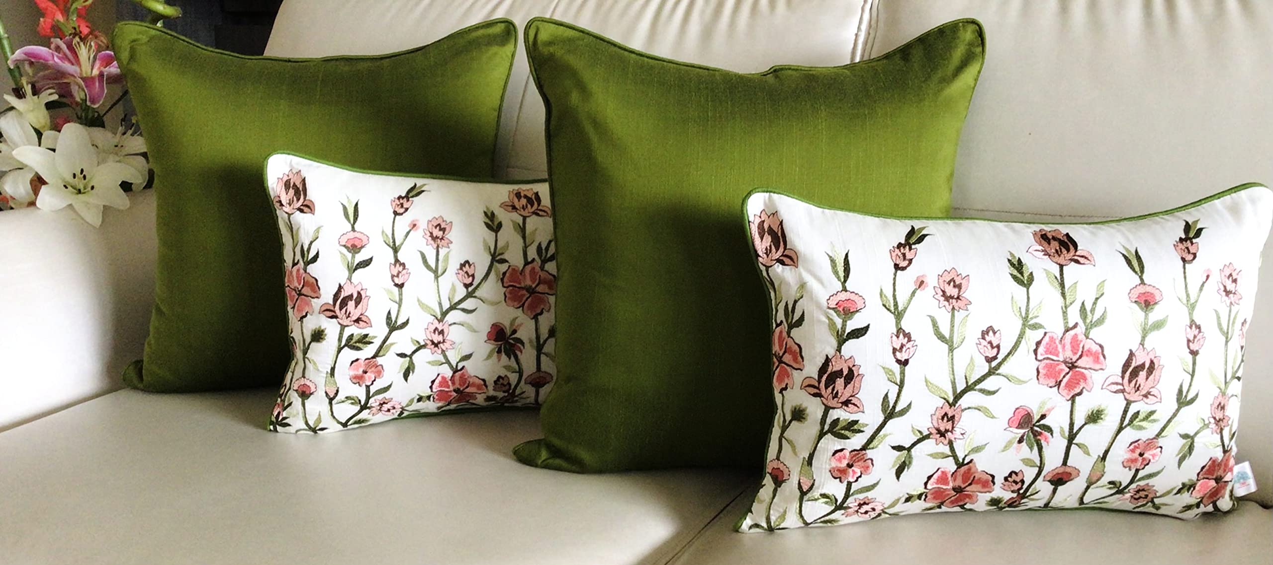 TARA- Sparkling Homes Rectangular Embroidered Cushion Covers 12 x 18 Inches, 'Wild Flower Field' from 'Gardens of Tuscany' Collection, Set of 4, Pink and Green