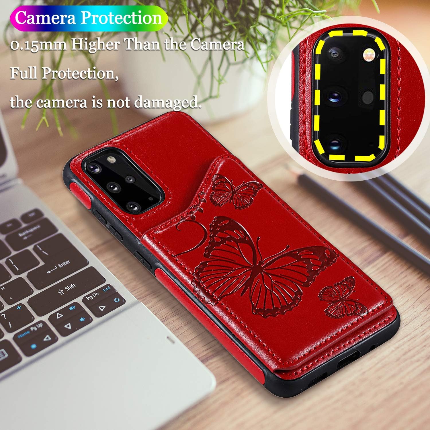 Vodico Samsung S20 Plus Case Wallet,Galaxy S20+ Case with Card Holder, Slim Protective Embossed Butterfly Leather Flip Folio Magnetic Closure Full Body Stand Phone Cover for Women/Girls (Red)