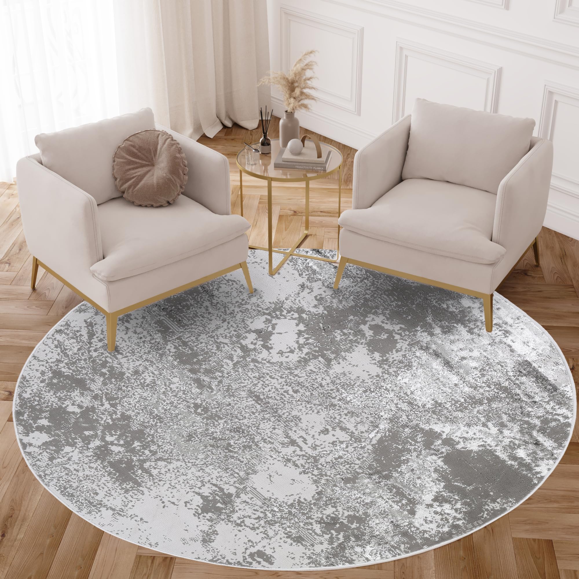 TAPISO Crystal Redonda Alfombra Pelo Corto Brillante Gris Claro Negro Efecto Mármol 3D Salón Dormitorio Diseño Moderno Oeko-Tex 160 x 160 cm