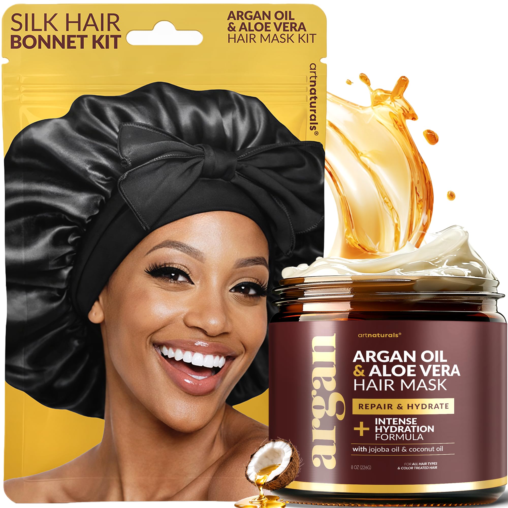 Hair Mask + Silk Bonnet for Sleeping Women Set - Deep Conditioner & Leave-In Conditioner for Dry, Damaged Hair - Argan Oil, Jojoba, Aloe & Keratin - Satin Bonnet for Sleeping, Repair & Hydrate (8 oz)