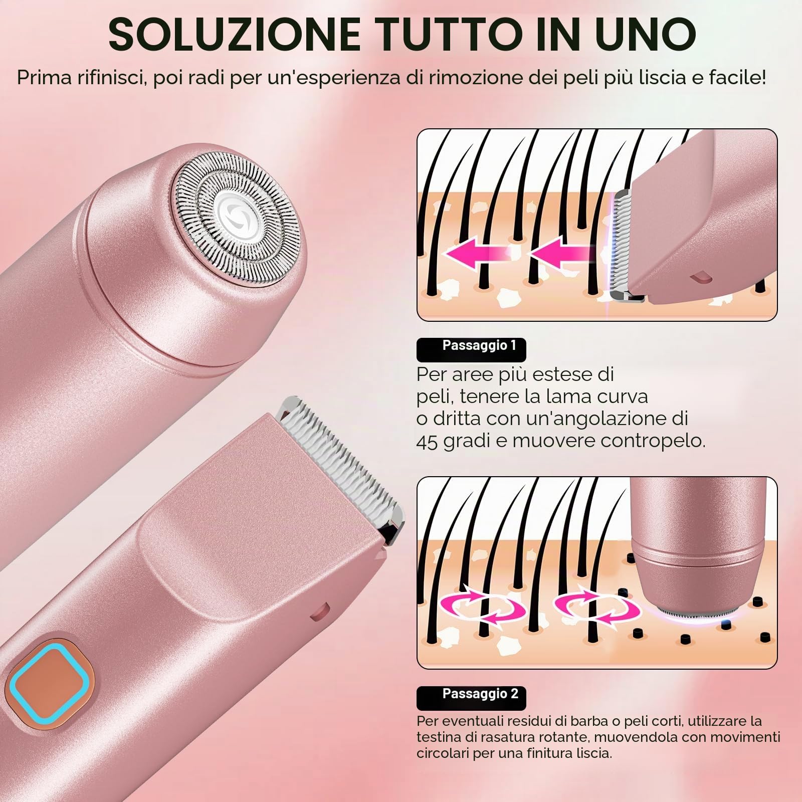 Rasoi da donna 2 in 1, rasoi da donna IPX7 impermeabile trimmer per peli pubici da donna, uso bagnato e secco, rasoio elettrico indolore per corpo, braccia, gamba
