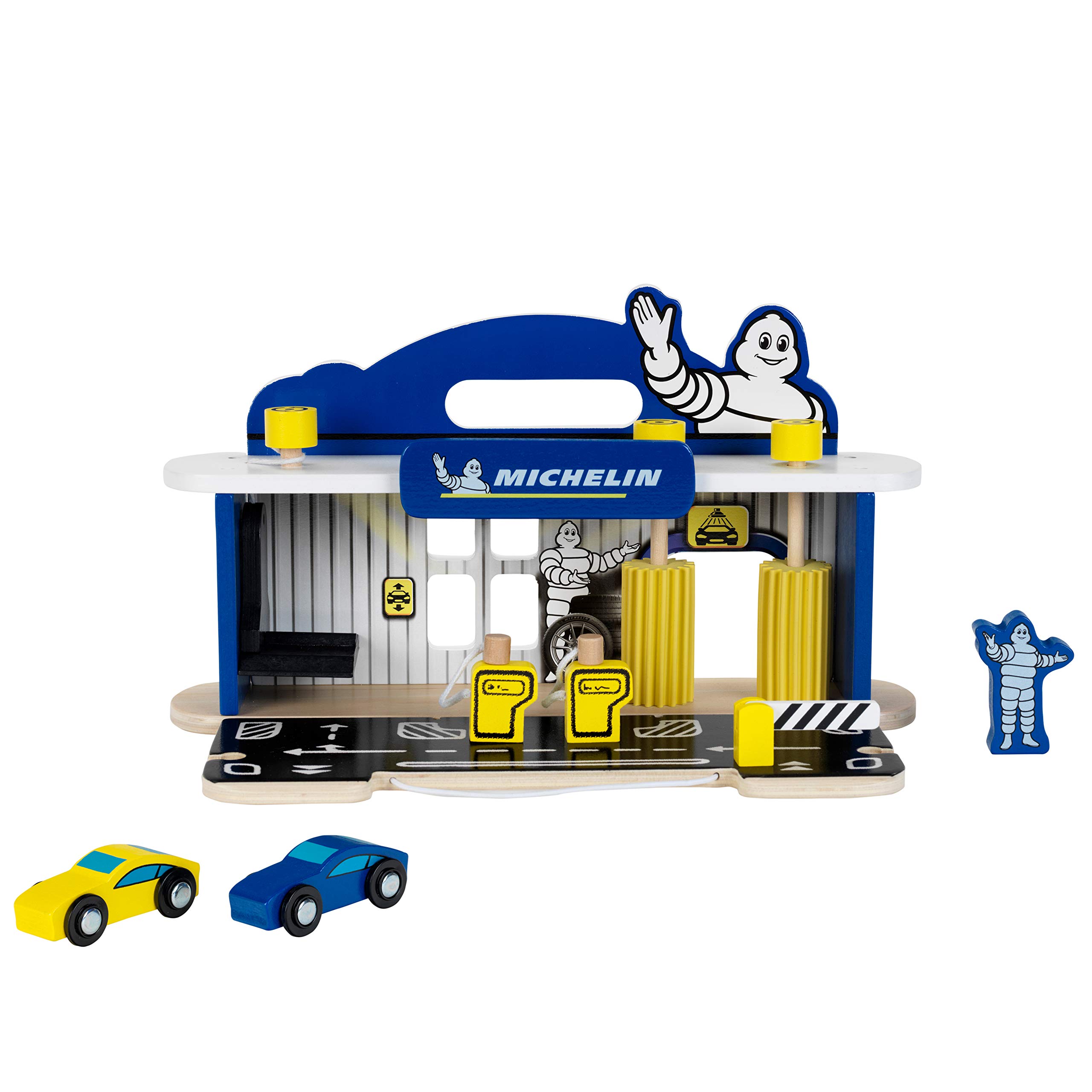 Theo Klein 3403 Stazione di servizio MICHELIN, Legno, con 2 Auto, piattaForma elevatrice, pompe di carburante e molto altro, Giocattoli per Bambini dai 3 Anni in su