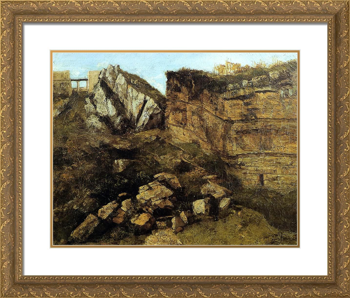 ArtDirect Courbet, Gustave 23x20 Gold Ornate Framed Art Print with Double Matting Titled: Crumbling Rocks