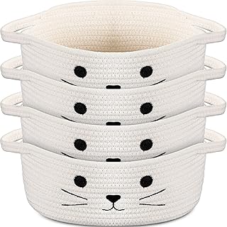 4 Pcs Small Woven Basket 12" x 8" x 5" Cute Cotton Rope Gifts Basket Empty with Handle Baby Room Storage Basket Cat Dog Toys Basket Easter Basket (White)