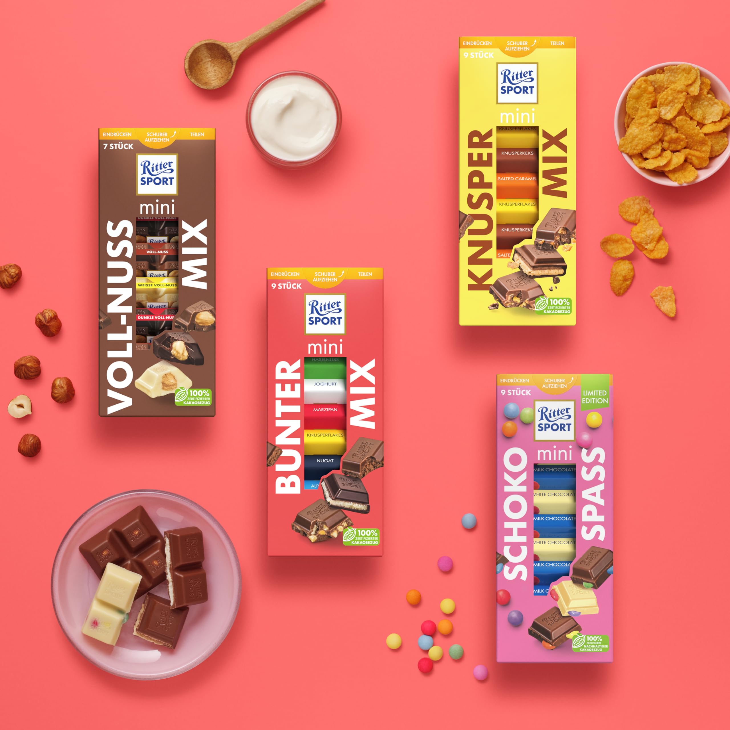Ritter Sport mini Turm Bunter Mix, verschiedene Schokoladenvariationen, perfekt zum Naschen und Genießen, Geschenkidee, 8 Boxen mit je 150g