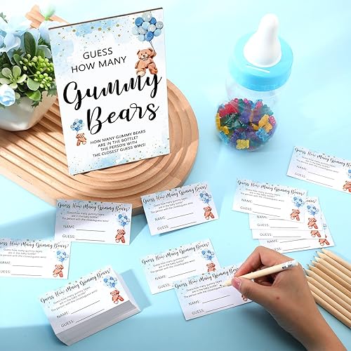 Miniatura 5 de Qilery 122 piezas de juegos de baby shower, 100 tarjetas de adivinanzas, 20 lápices, 1 biberón, 1 letrero de madera para juegos de baby shower,