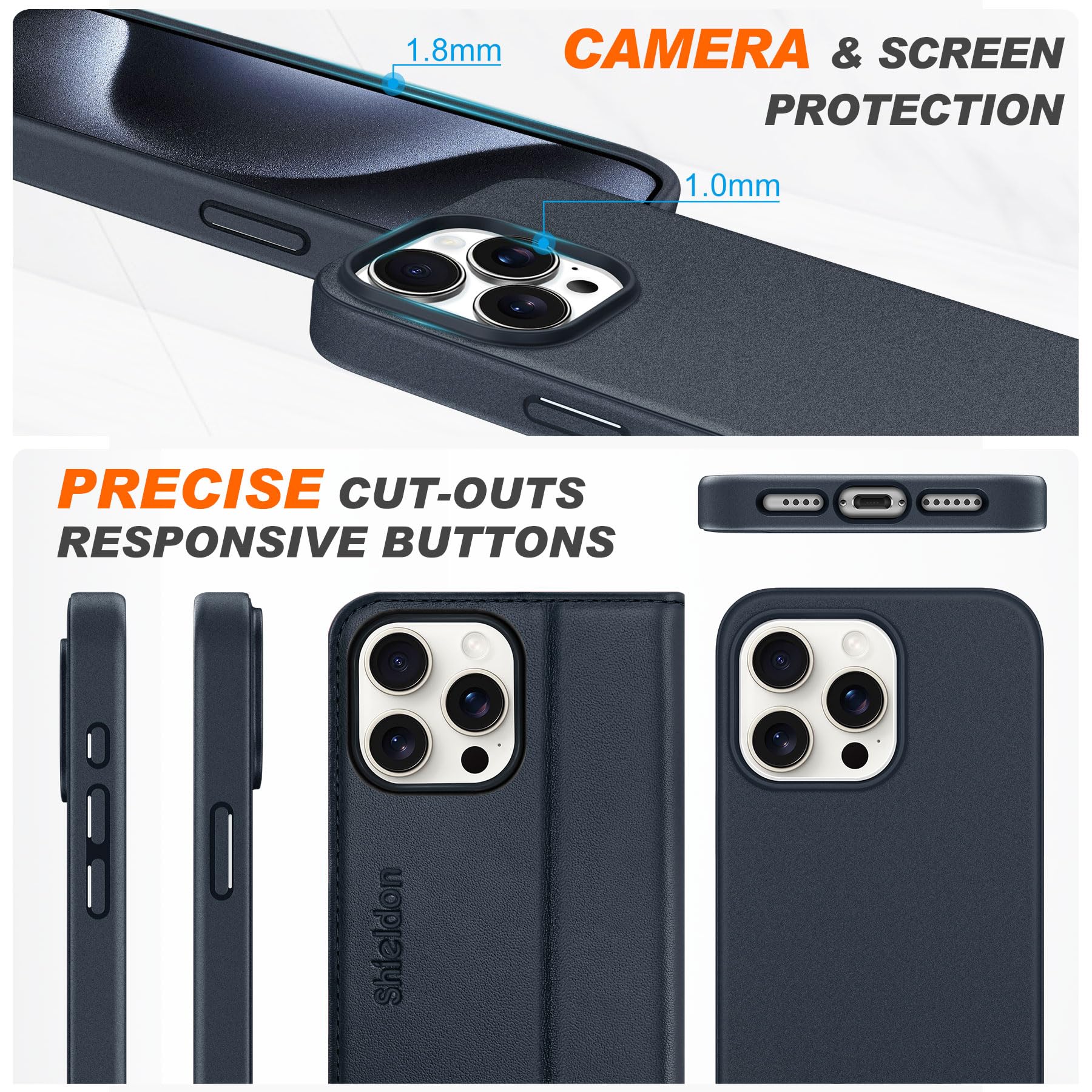 SHIELDON Custodia per iPhone 15 Pro Max, Custodia a Portafoglio Rimovibile Magnetica 2 in 1 in Vera Pelle con [Slot per Schede] [Blocco RFID] Cover Compatibile con iPhone 15 Pro Max - Blu Navy