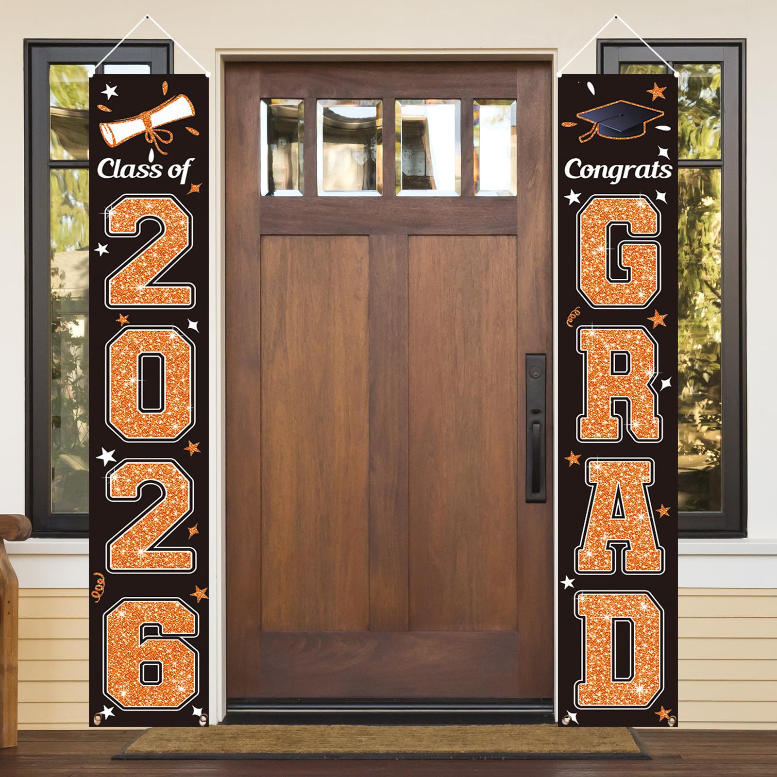 Photo 1 of KMUYSL Graduation Decorations Class of 2026, Orange & Black Congrats Grad Banner Hanging Flags Porch Sign, 2026 Graduation Decorations Party Supplies for Any School Indoor/Outdoor Decor