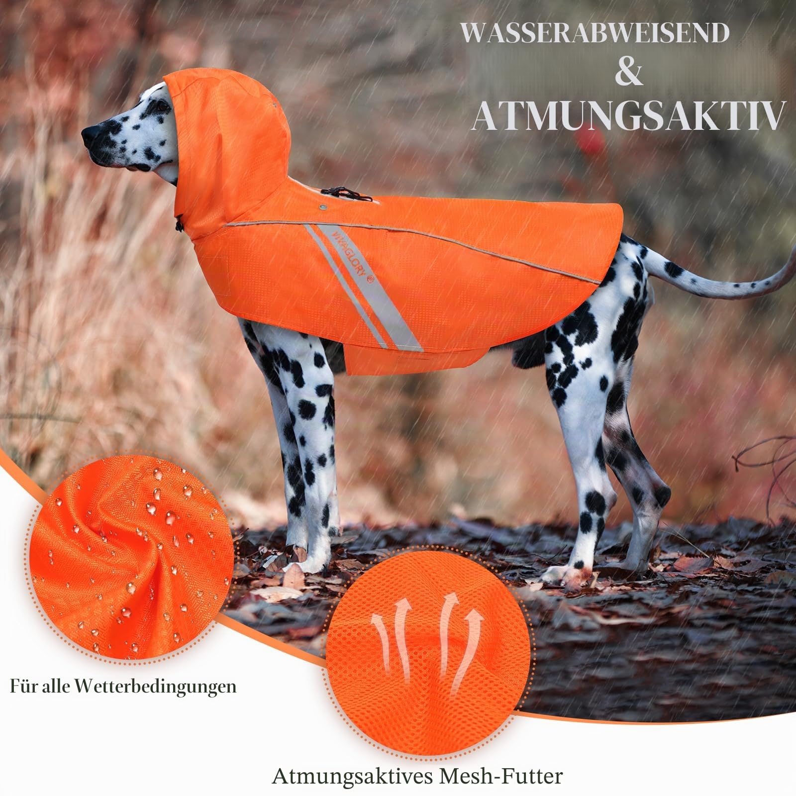 VIVAGLORY Wetoff Hunderegenmantel, Regenmantel Hund für Winter, Hunderegenjacke, Wasserdicht & Reflektierend Gefütterter Regenschutz, XL, Orange | Regenjacke mit Kapuze und Loch für Geschirr, wasserdicht und leicht, für Welpen, Hunde