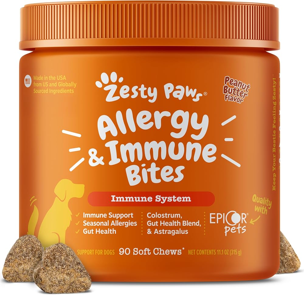 Zesty Paws Dog Allergy Chews - Dog Allergy Relief, Peanut Butter, 90 Ct | Itch Relief for Dogs Soft Chews with Probiotics for Itchy Skin, Ears and Paws