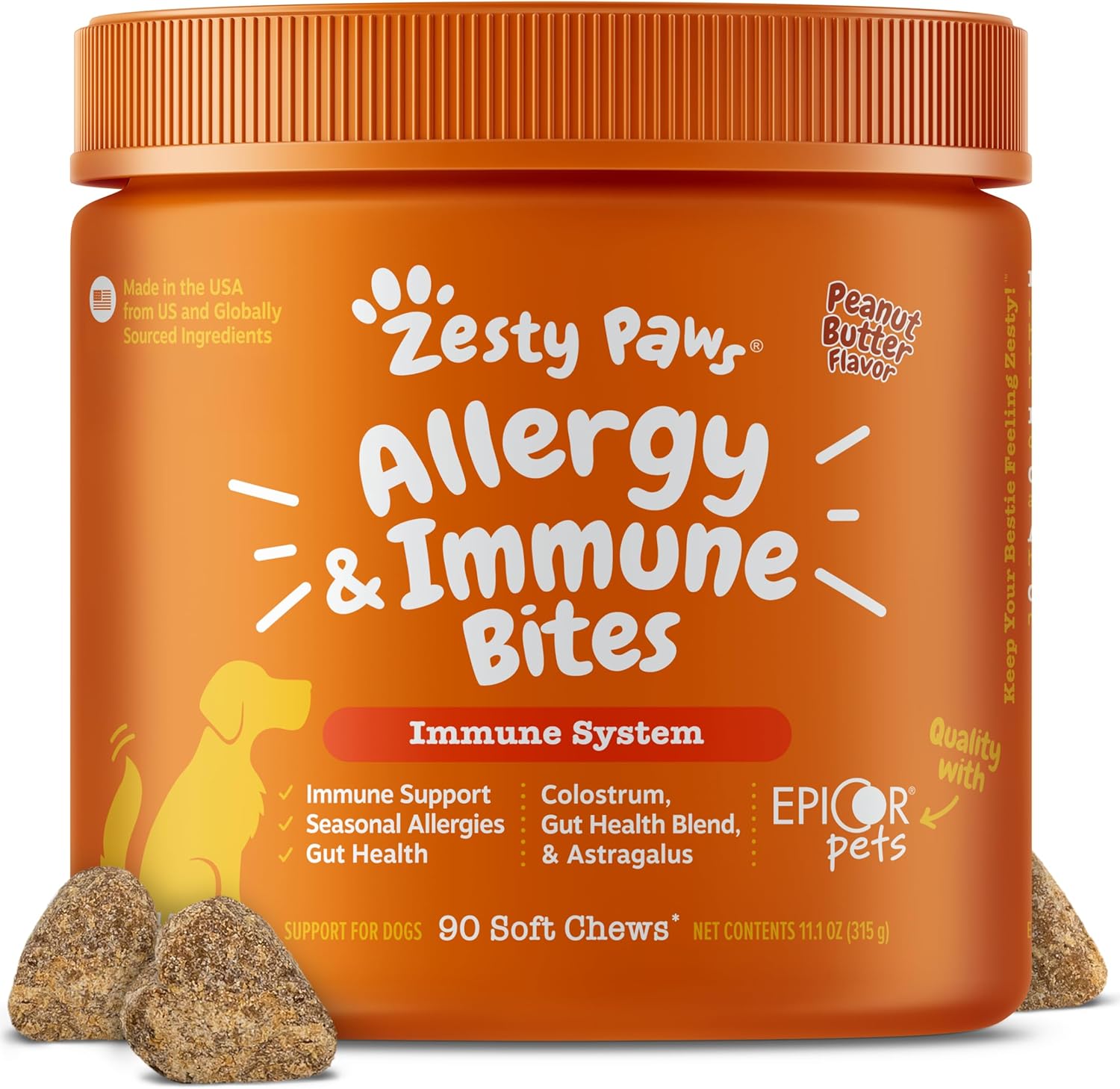 Zesty Paws Dog Allergy Relief Chews, Dog Probiotics for Itchy Skin and Ears, Peanut Butter, 90ct