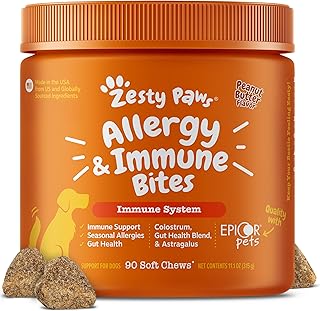 Zesty Paws Allergy Immune Bites - Dog Allergy Chews, Dog Probiotics for Itchy Skin and Ears, Peanut Butter, 90ct
