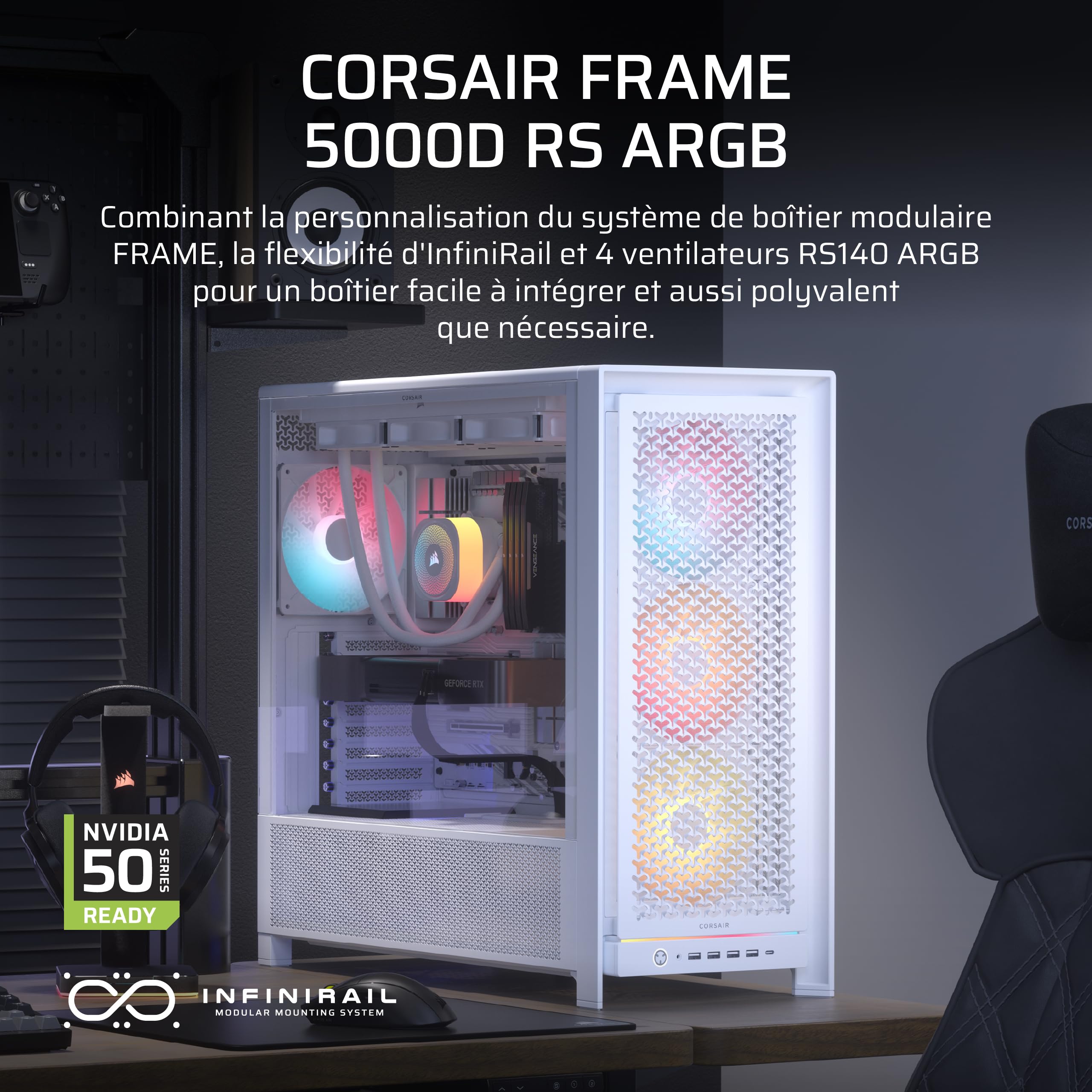 CORSAIR Frame 5000D RS ARGB Boîtier Modulaire Mid-Tower à Haut Débit d'air – 4 x Ventilateurs RS Pré-Installés, Système de Support pour Ventilateur InfiniRail – Blanc