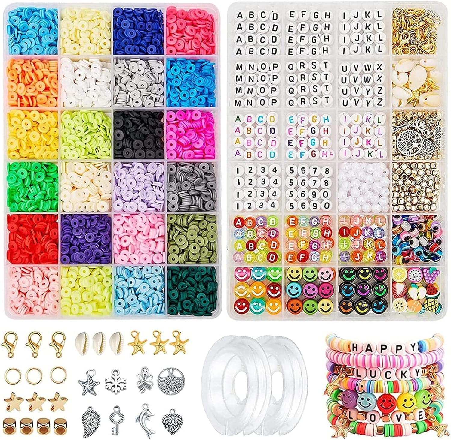 Polymer Clay Heishi Beads Kit with Letter Beads, Pendant Charms, Elastic Strings - 5000pcs Flat Round Clay Beads for Jewelry Making, 6mm Diameter, 36 Colors