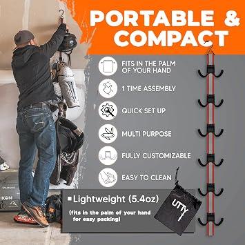 UTTY Multipurpose Portable Hanging Rack - Durable Hockey Gear Drying Rack & Sports Equipment Organizer - 6 Durable Adjustable Hooks, Support Light to Heavy Weight for Home, Travel & Outdoor Use