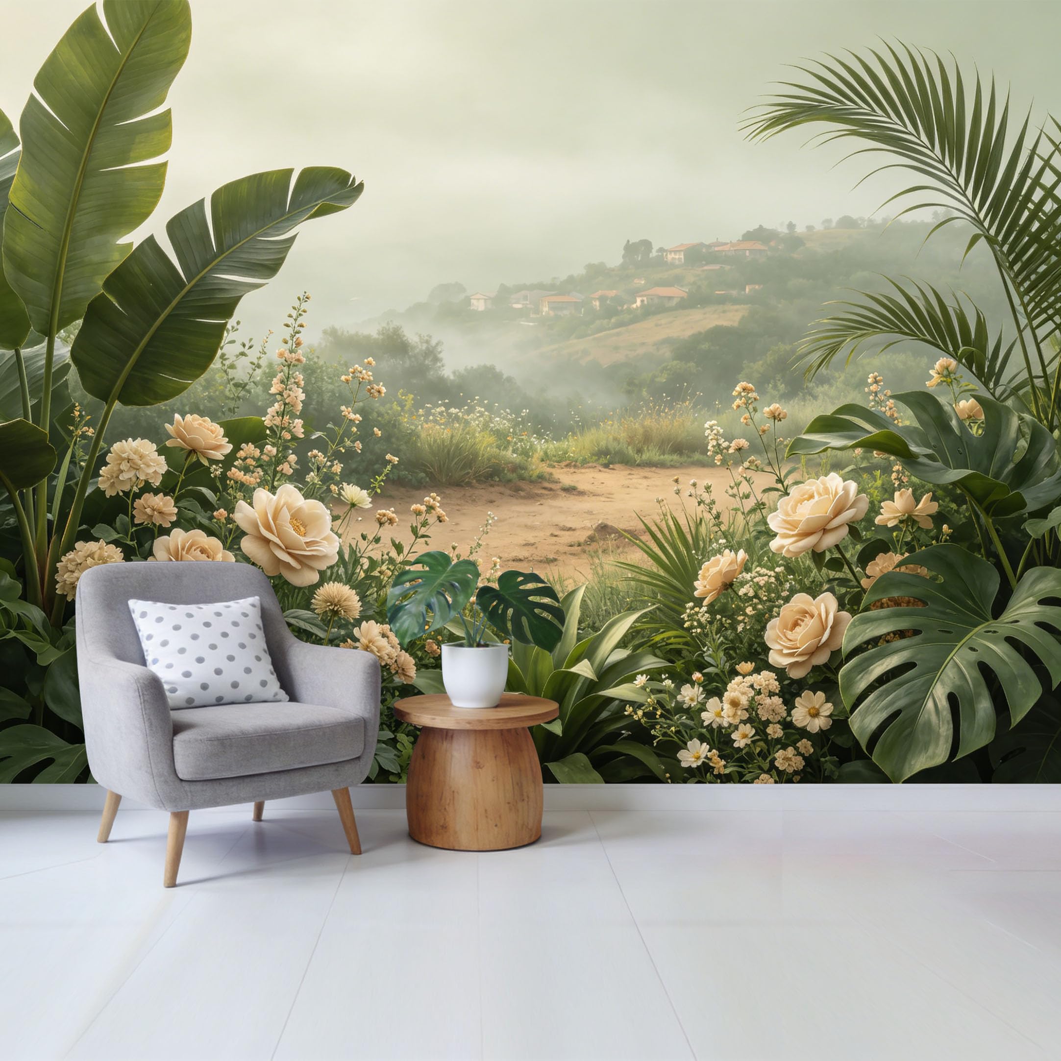 Qzlithotic Yq2605250481 Custom Size Wall Mural Tropical Botanical Landscape Misty Hillside Village Pastel Flower Aesthetic Selfadhesive Wall Fabric Removable Wallpaper For Home Office Decor