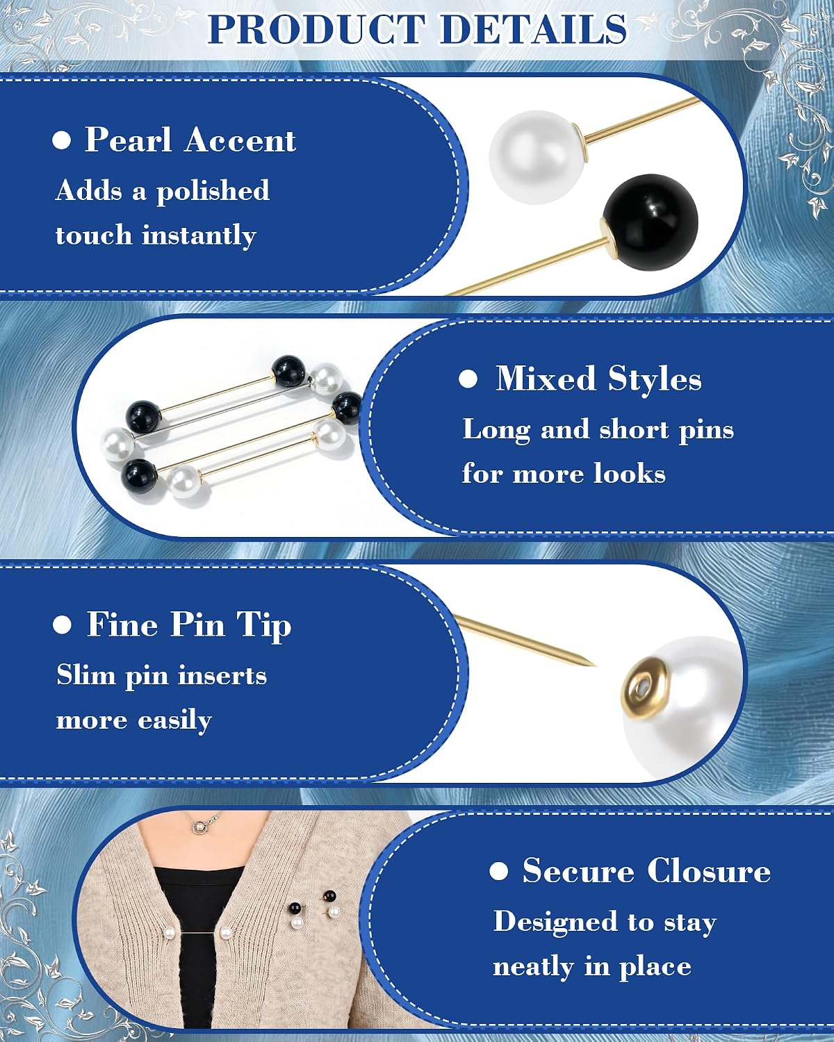 FIVEIZERO Vintage Cinch Clips & Pearl Brooch Pins Retro Sweater Clips Waist Cincher, Shawl Scarf Cardigan Shirt Dress Cinch