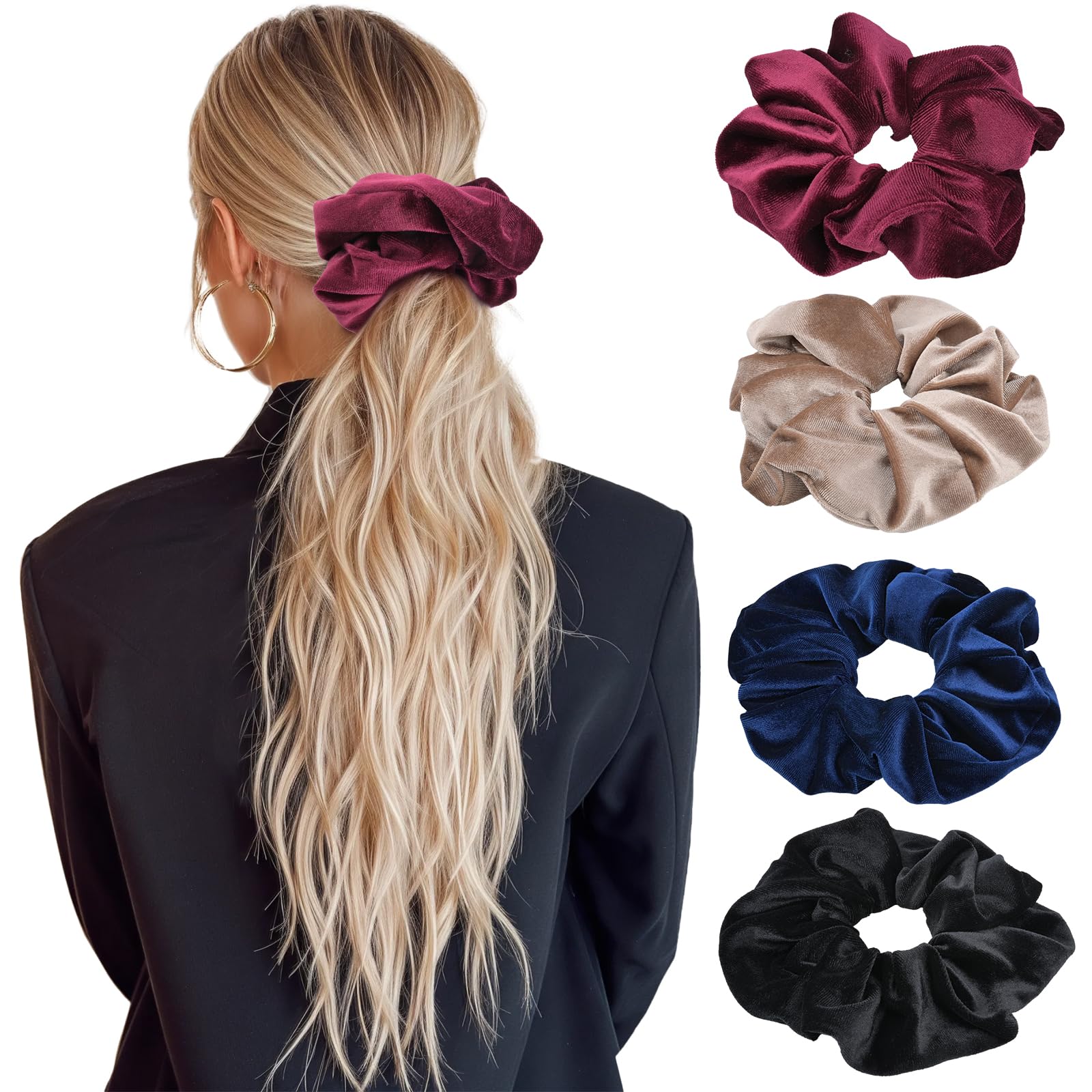 SGQTZDZQ Large Velvet Scrunchies for Women, Soft, Extra-Big Hair Ropes in Black, Navy, Camel, Wine Red