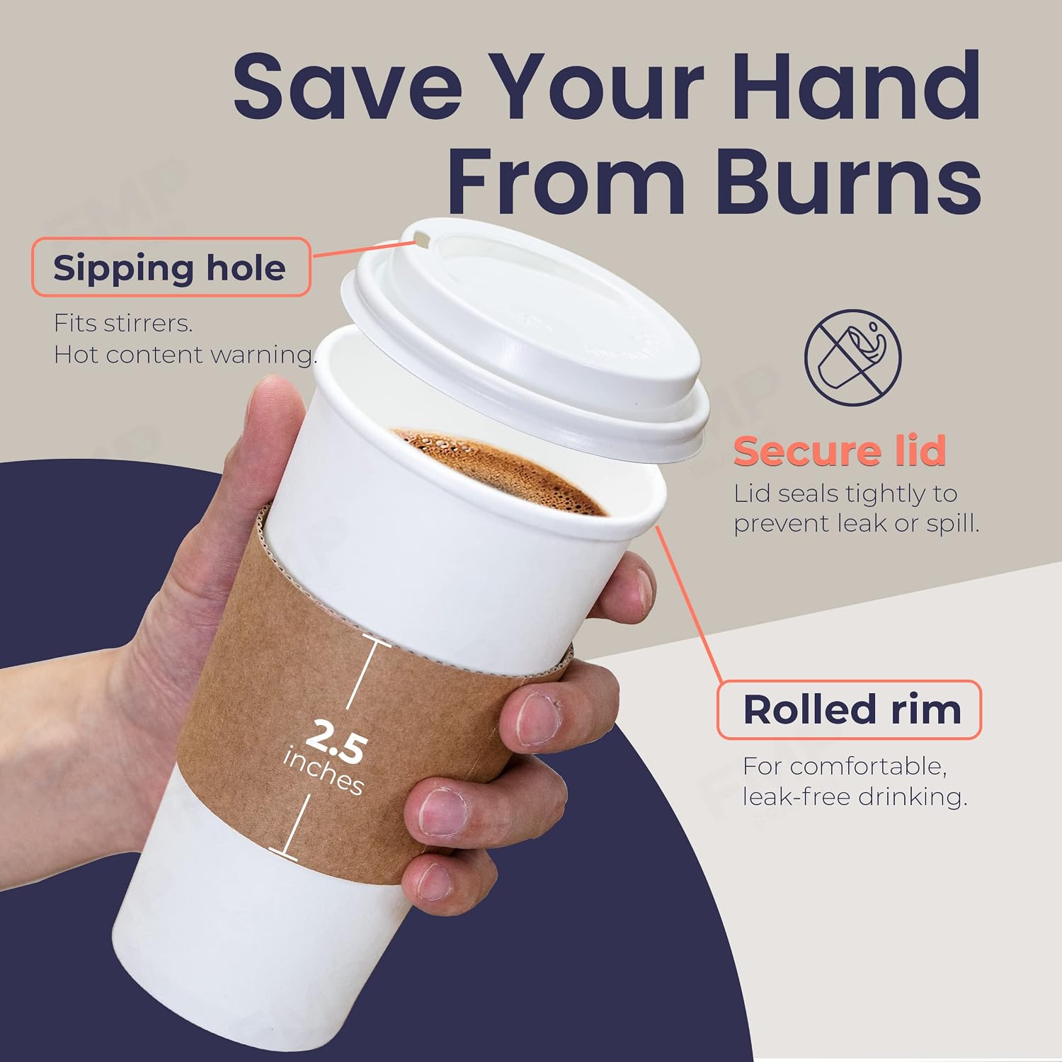 [50 Pack] White Coffee Cups with White Dome Lids and Brown Sleeves - 20oz Disposable Paper Coffee Cups - To Go Cups for Hot Chocolate, Tea, and Other Drinks - Ideal for Cafes, Bistros, and Businesses