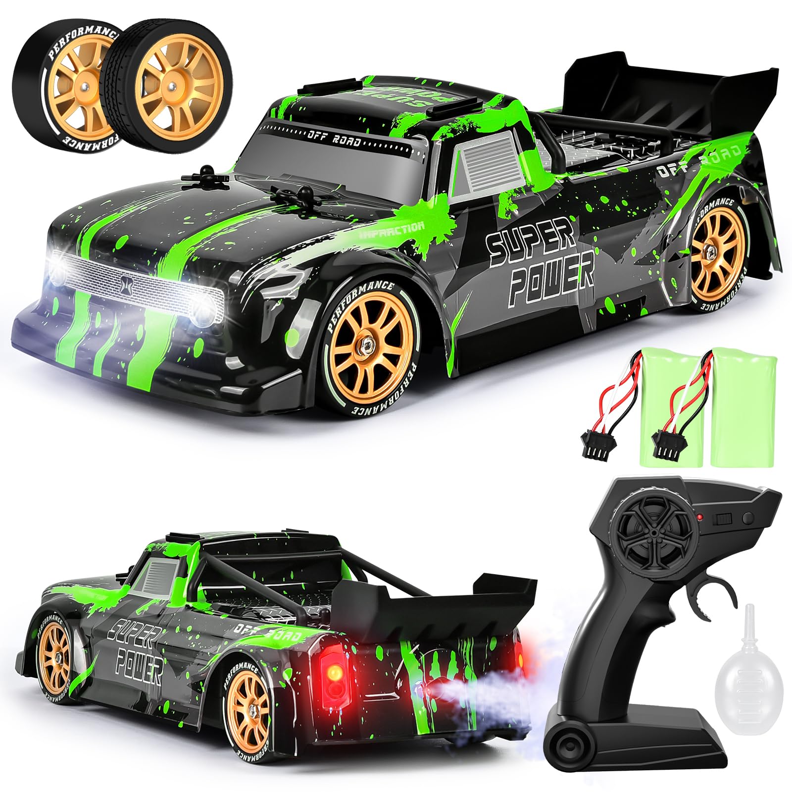 Joellfuner Macchina Telecomandata Drift, 4WD 1:14 RC Drift Car, 25km/h Auto Telecomandata con Nebbia Spray e Luce LED, RC Deriva Race Auto Giocattolo per Bambini di Età Superiore agli 8 Anni (Verde)