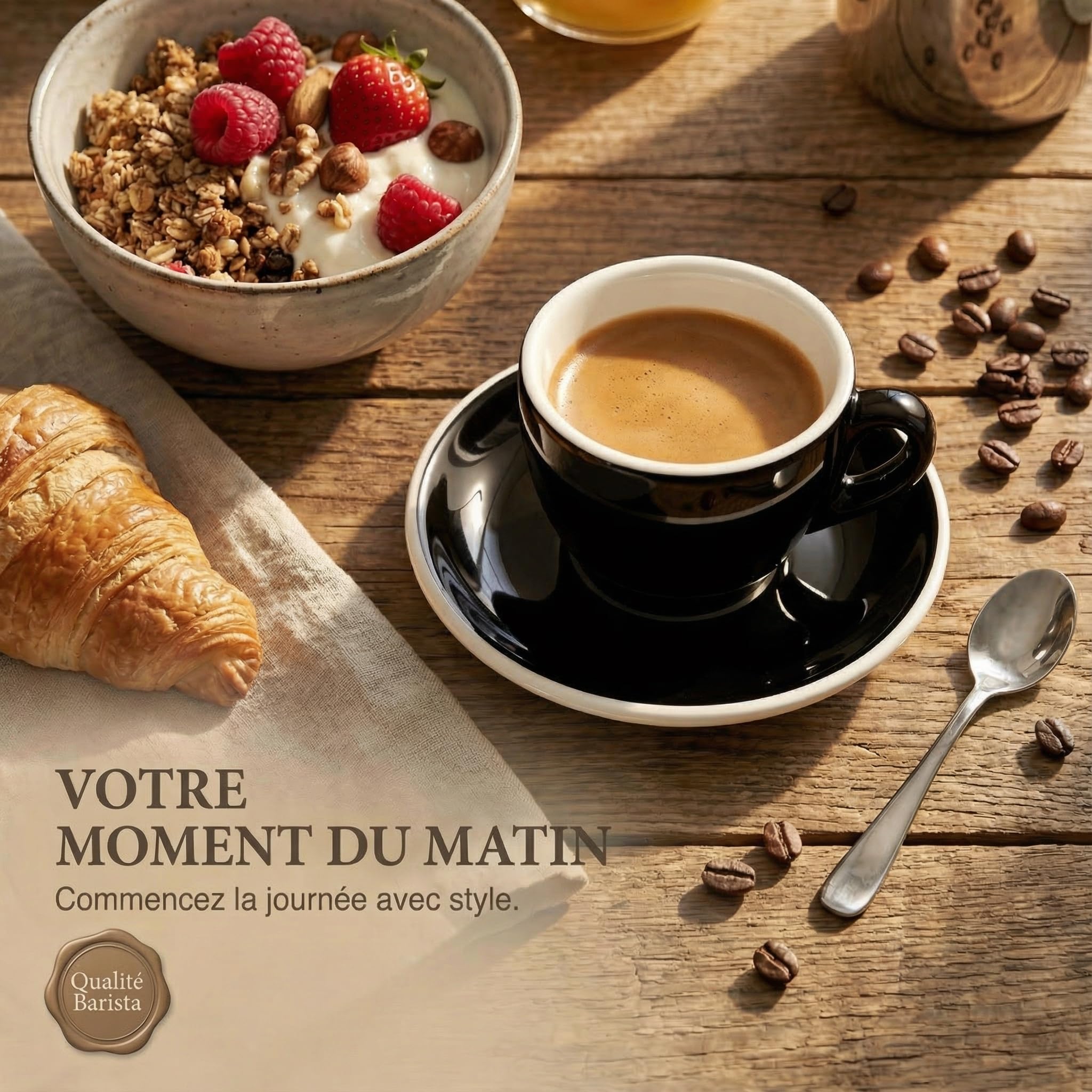Lot de 6 tasses à expresso avec soucoupes Noir/Blanc, 60 ml Style italien Paroi extra épaisse de 0,8 cm et finition lourde Résistant au lave-vaisselle Tasses à café moka coffret cadeau