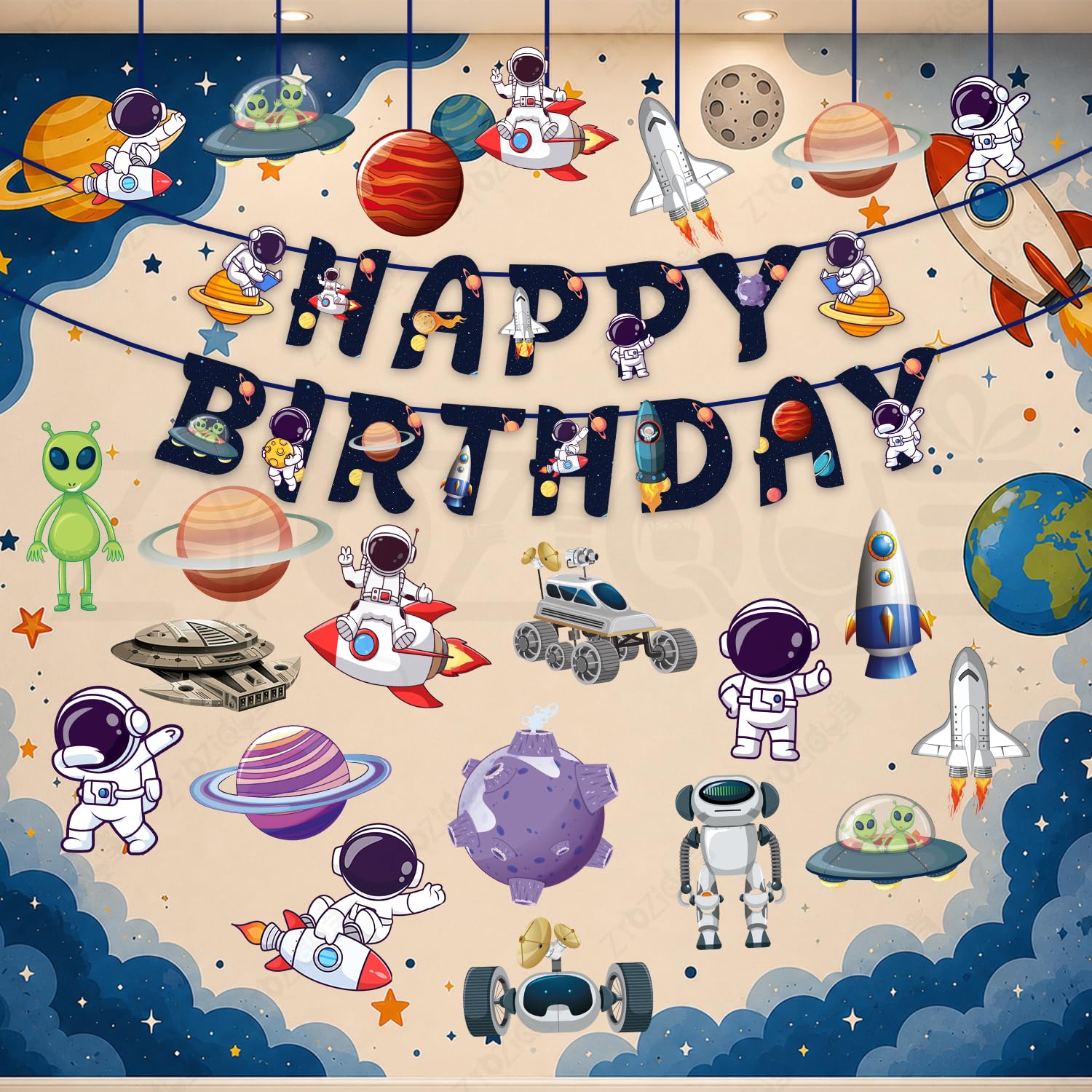 Zyozique 38 Pieces Space Theme Happy Birthday Decoration Kit | Space Birthday Paper Banner with Cardstock Cutouts & Ceiling Hanging Decorations | Astronaut, Rocket, Planet & Alien Party Supplies-image-11