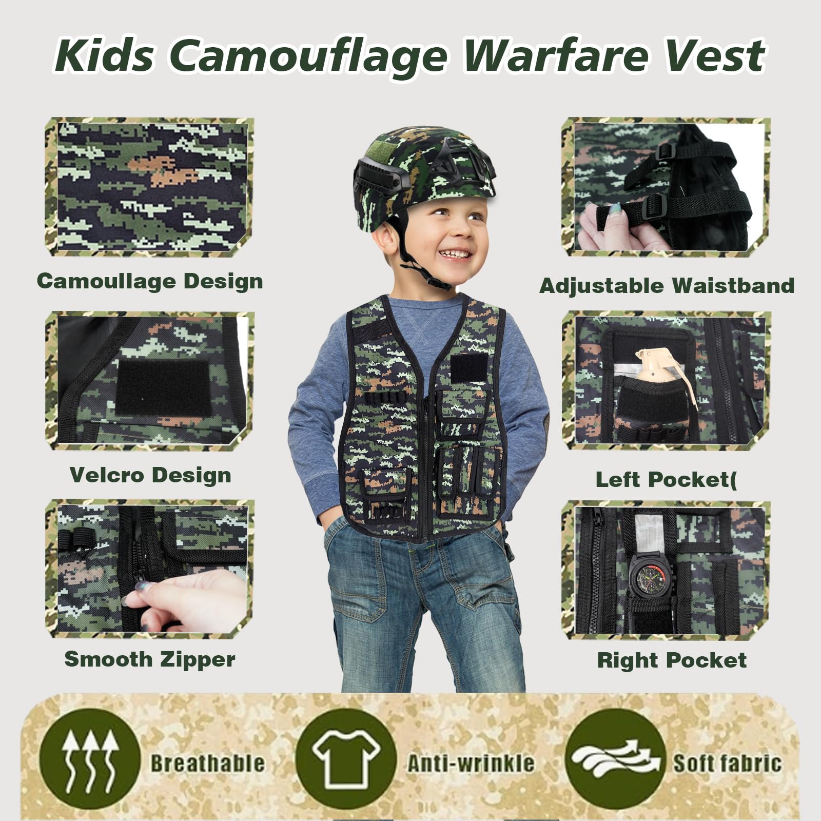 RedCrab Costume di Soldato per Bambini, Costume Militare Bambino Include Elmetto Militare, Gilet Militare, Walkie-Talkie e Altri Accessori, Soldato Gioco di Ruolo Halloween Carnevale Costume