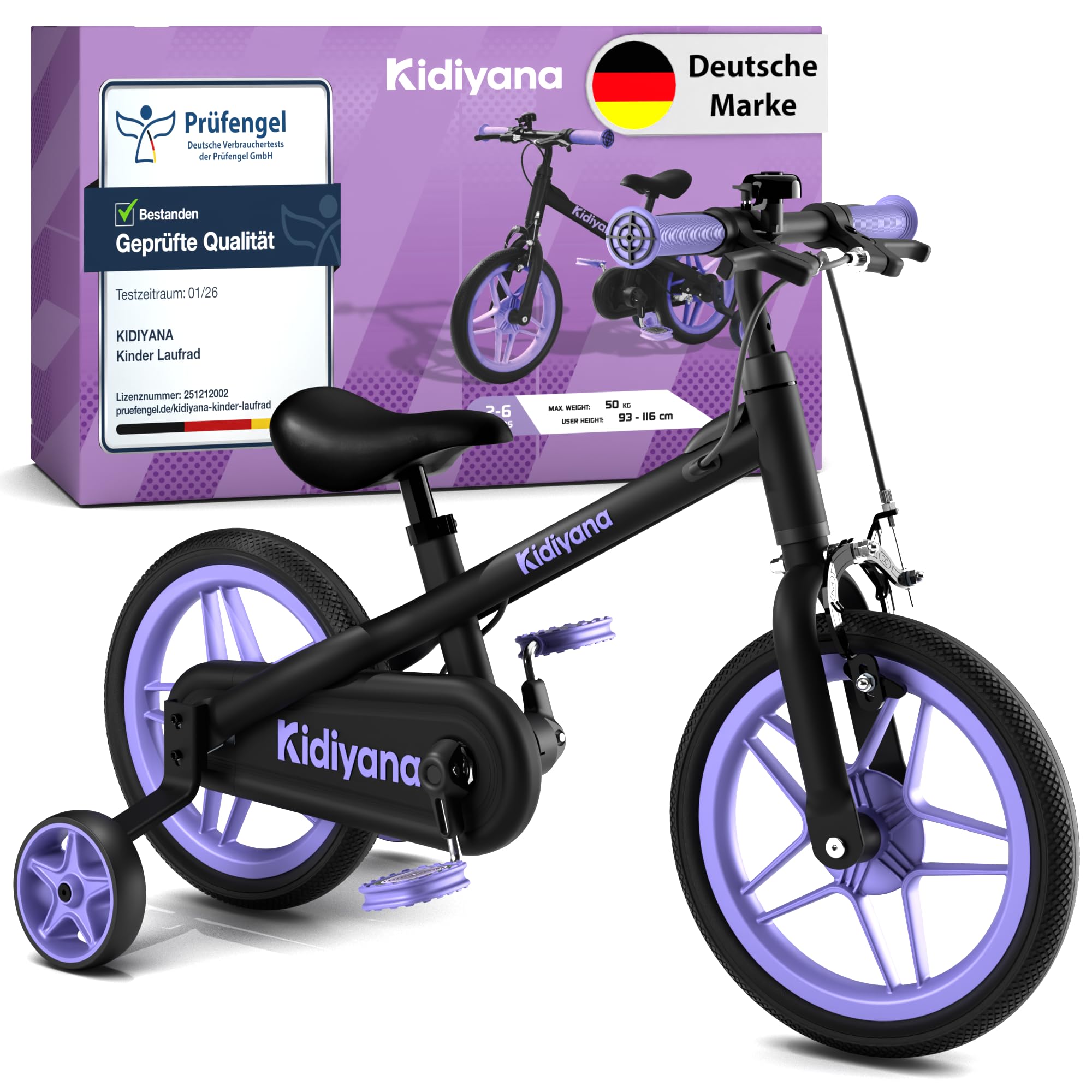 Bicicleta sin Pedales 3 en 1 Desde 2 Años con Pedales y Ruedas de Apoyo Desmontables, Bici Infantil de 12 Pulgadas con Freno de Mano, Timbre, Sillín Ajustable y Marco de Aluminio