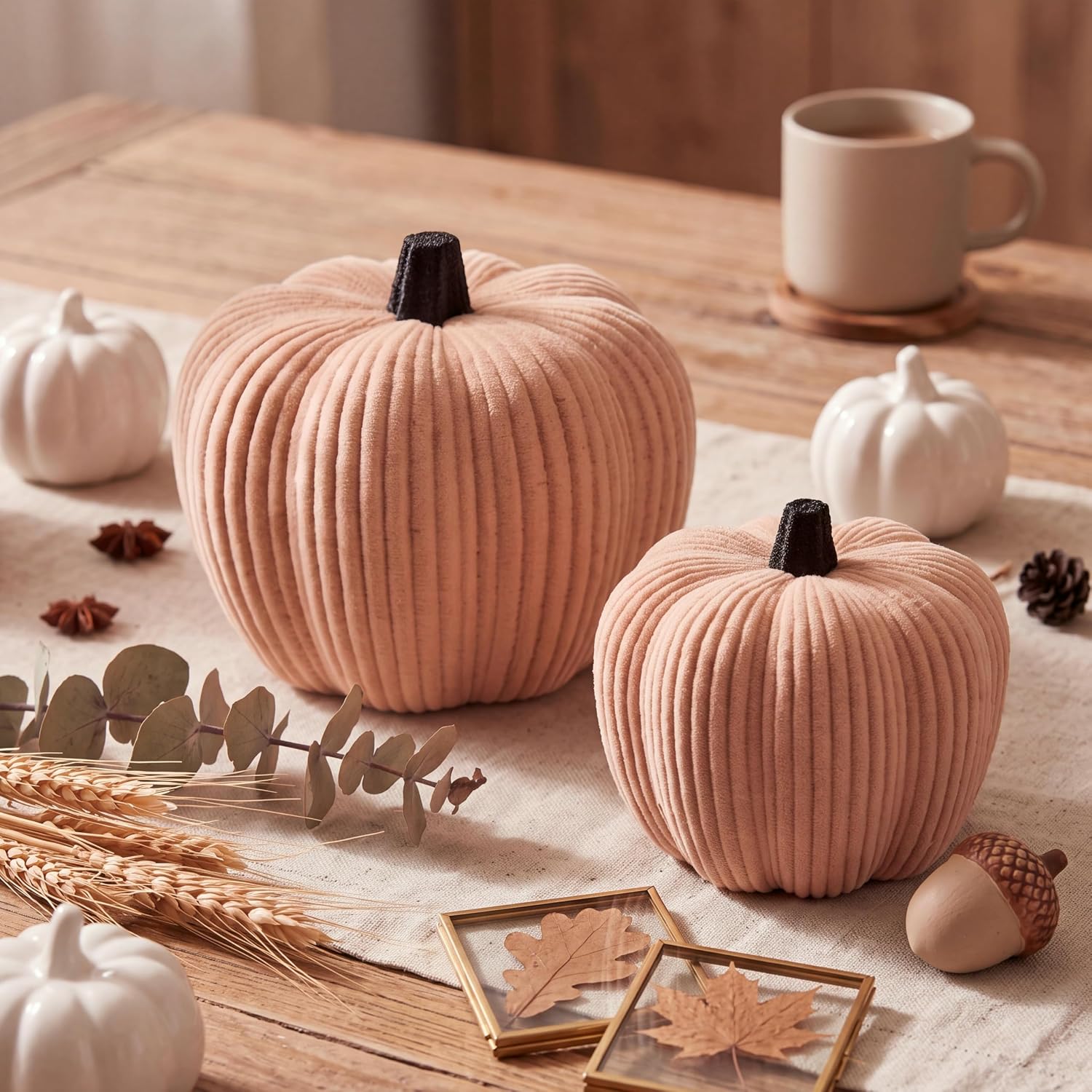RattanView 2 PCS Neutral Fall Pumpkin Decor Set, Plastic Fake Pumpkins for Farmhouse Home Decor, Faux Decorations for Table Centerpiece, Autumn Thanksgiving Halloween Harvest Ornaments, Brown