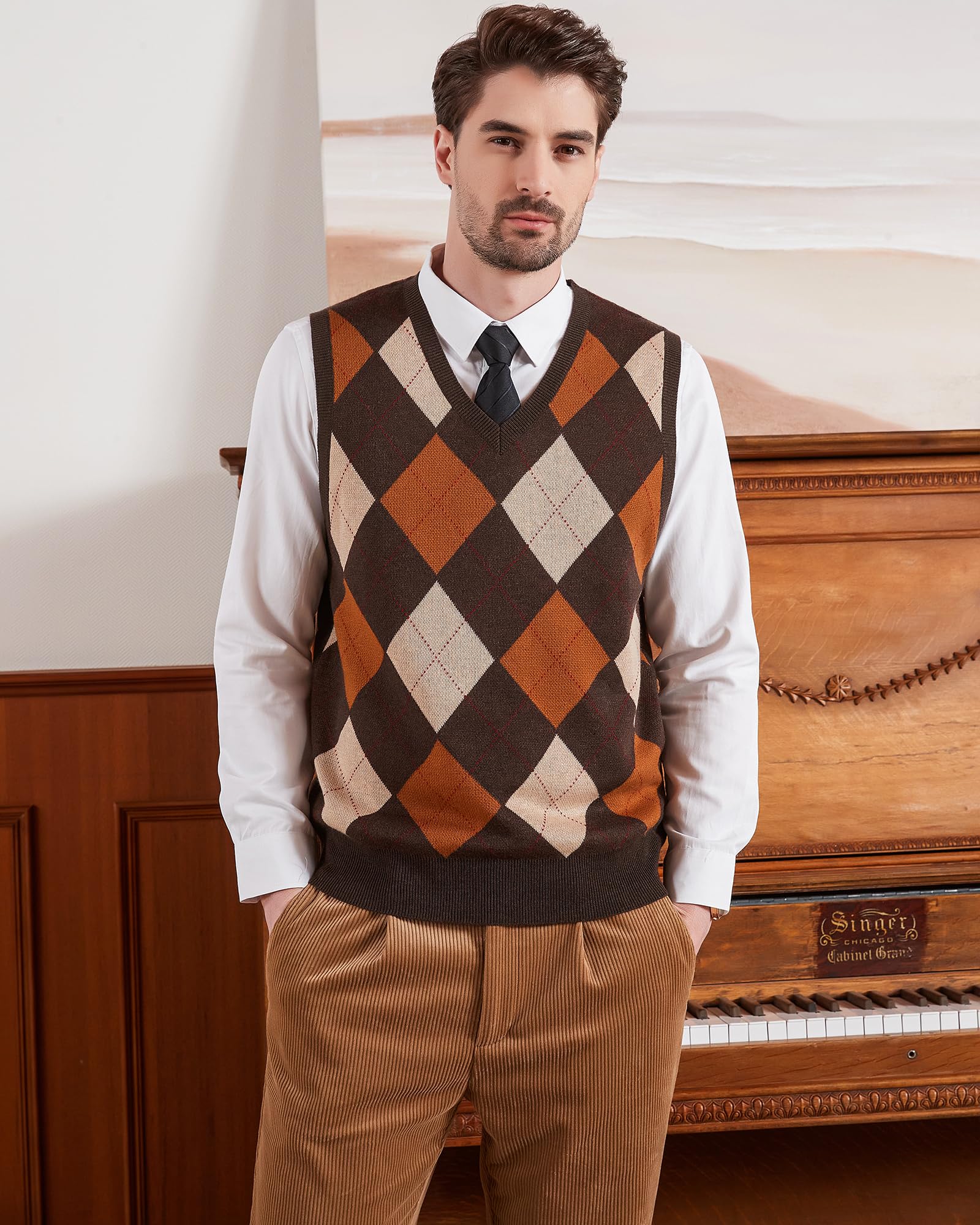 Kallspin Hommes Pull sans Manches Argyle Laine mélangée Gilets tricotés Pull à col en V Gilet Pullover