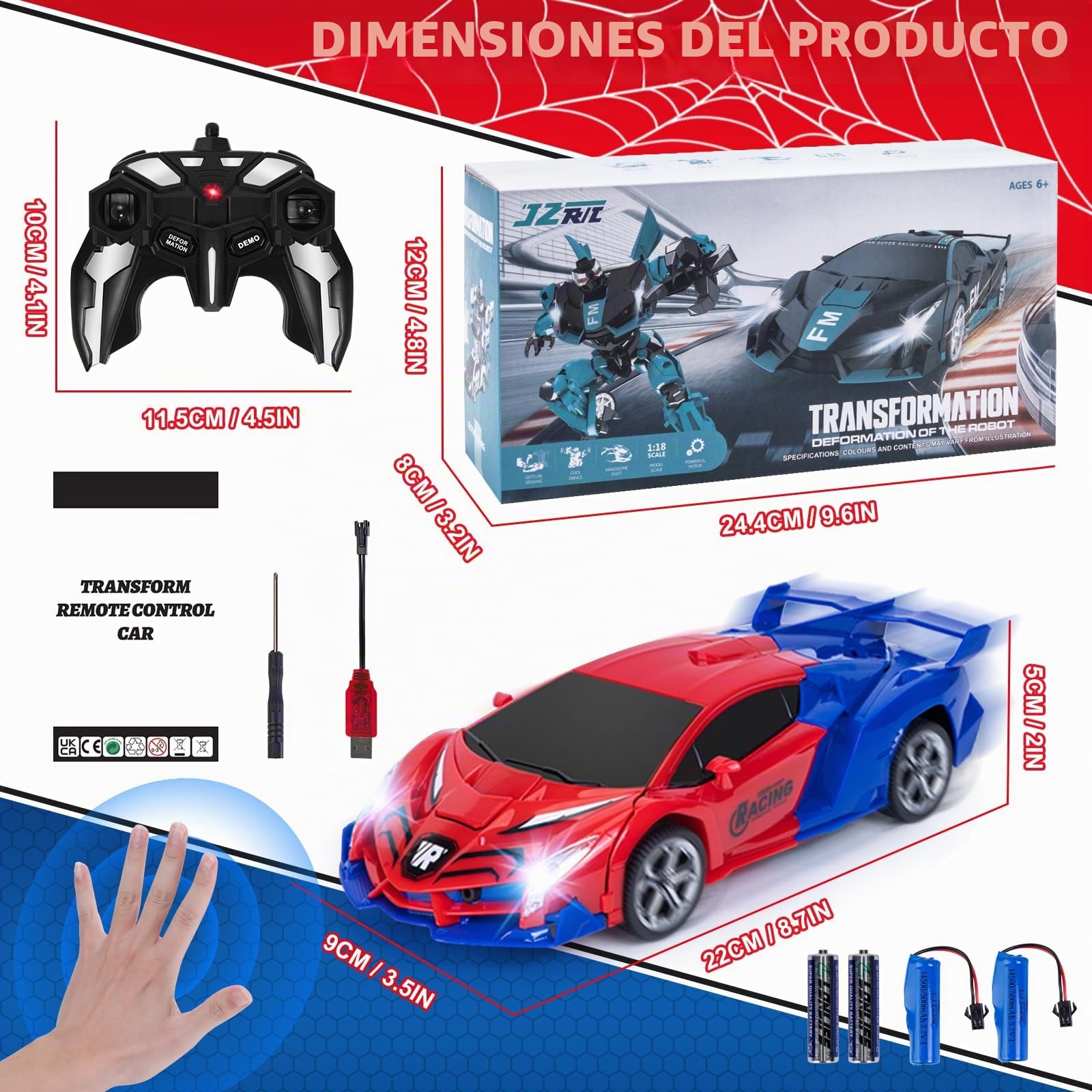 Spider Coche RC Transformator Robot, 2.4GHz Sensor Gestual, 1:18 con Sonido y Luz, Juegos para Niños y Niñas de 3 a 12 Años