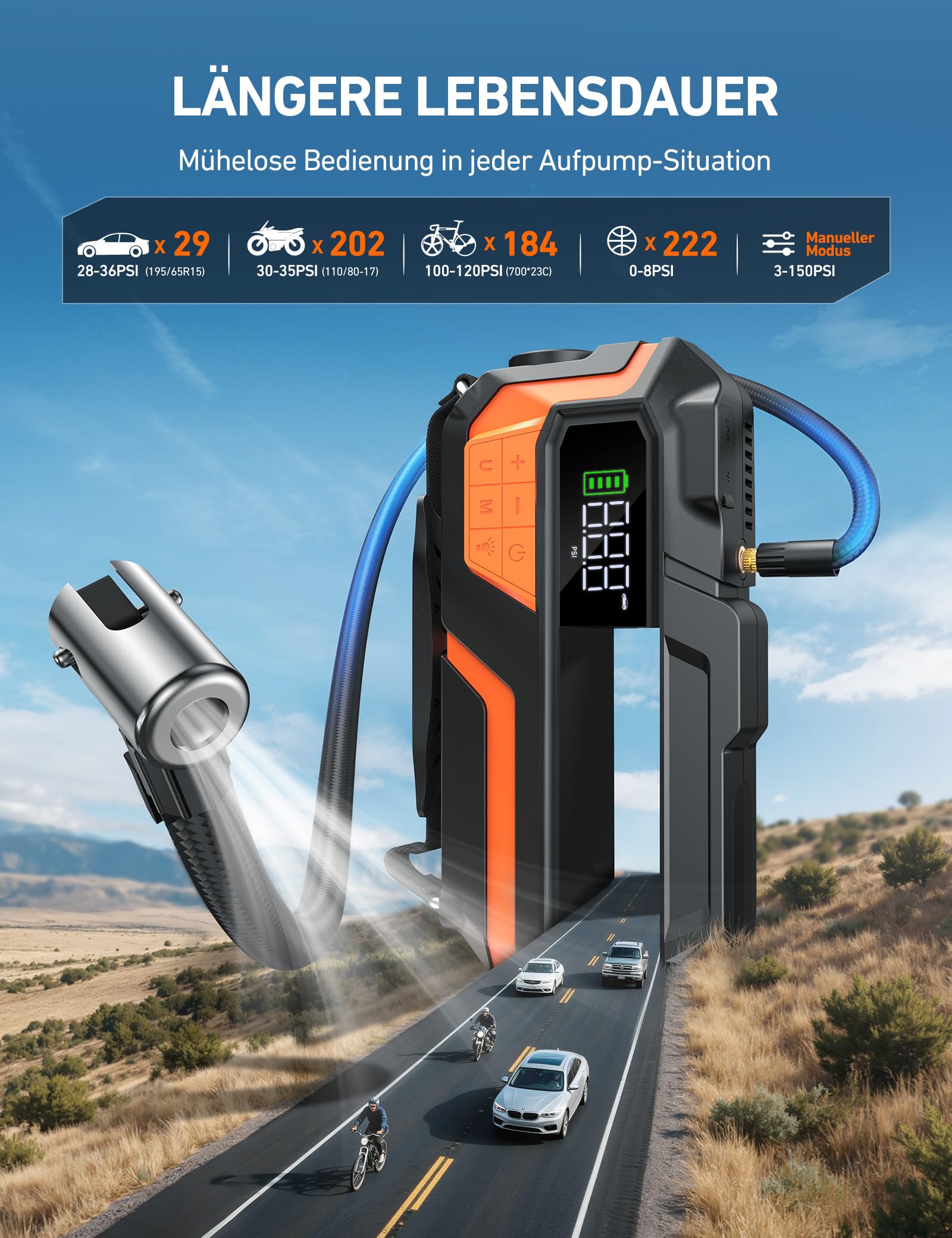 AstroAI Auto Starthilfe Powerbank für pkw mit 150PSI Kompressor, 8000A Starter Powerbank für 10 L Benzin / 8 L Diesel,für 12 V Autos, Motorräder, SUVs, Booster Auto Starthilfe mit LED-Display, Orange