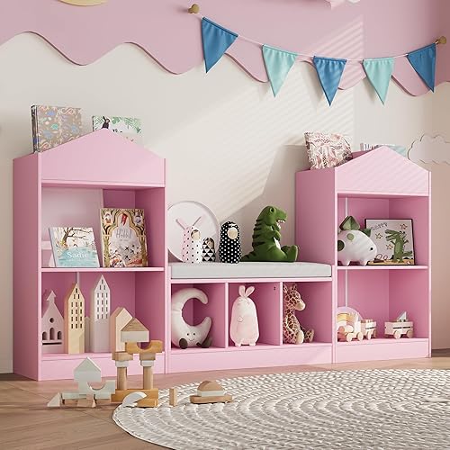 MHOM 68.9“ Kids Bookshelf with Reading Nook, Toy Storage Organizer with Seat Cushion and 7 Storage Cubbies, Wooden Kids Bookcase, Toy Organizers for Nursery, Playroom, Pink - Pink