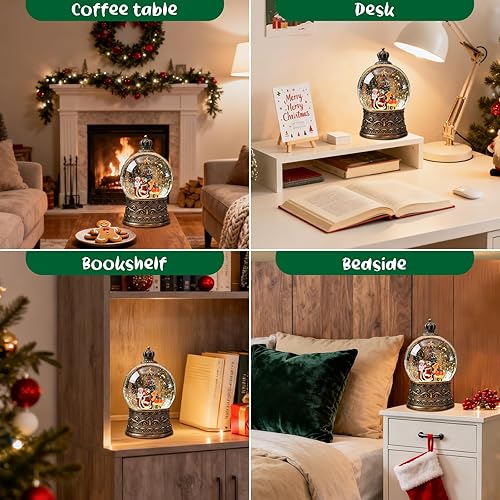 Miniatura 6 de Globo de Nieve Navideño con Linterna, Decoraciones de Navidad de Santa Claus y Renos para Interior, Globos de Nieve Musicales Iluminados con Árbol