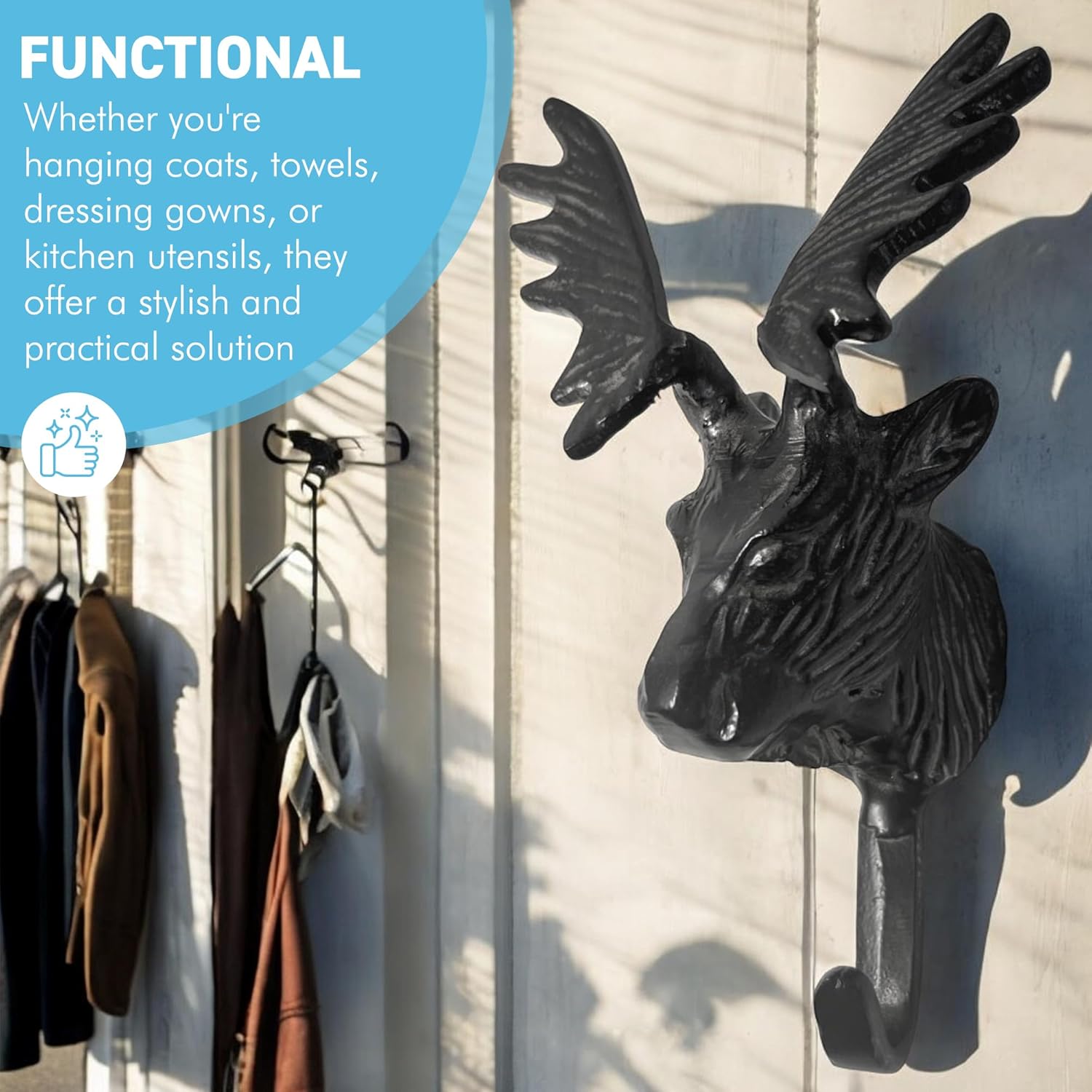Thorness Durable Wall-Mounted Cast Iron Deer Head Hook Hanger for Hats, Coats, Clothes – Perfect for Kitchen, Bathroom, Bedroom, or Office, Black