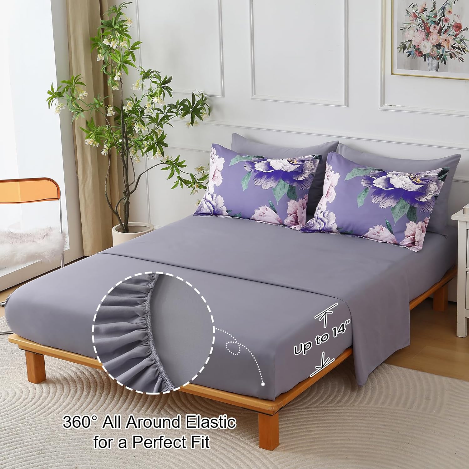 Dobuyly Floral Comforter Set Queen 7 Piece Bed in a Bag, Purple Pink Flower Comforter Set with Sheets, Soft Microfiber Botanical Flower Bedding Set for All Season - Image 6