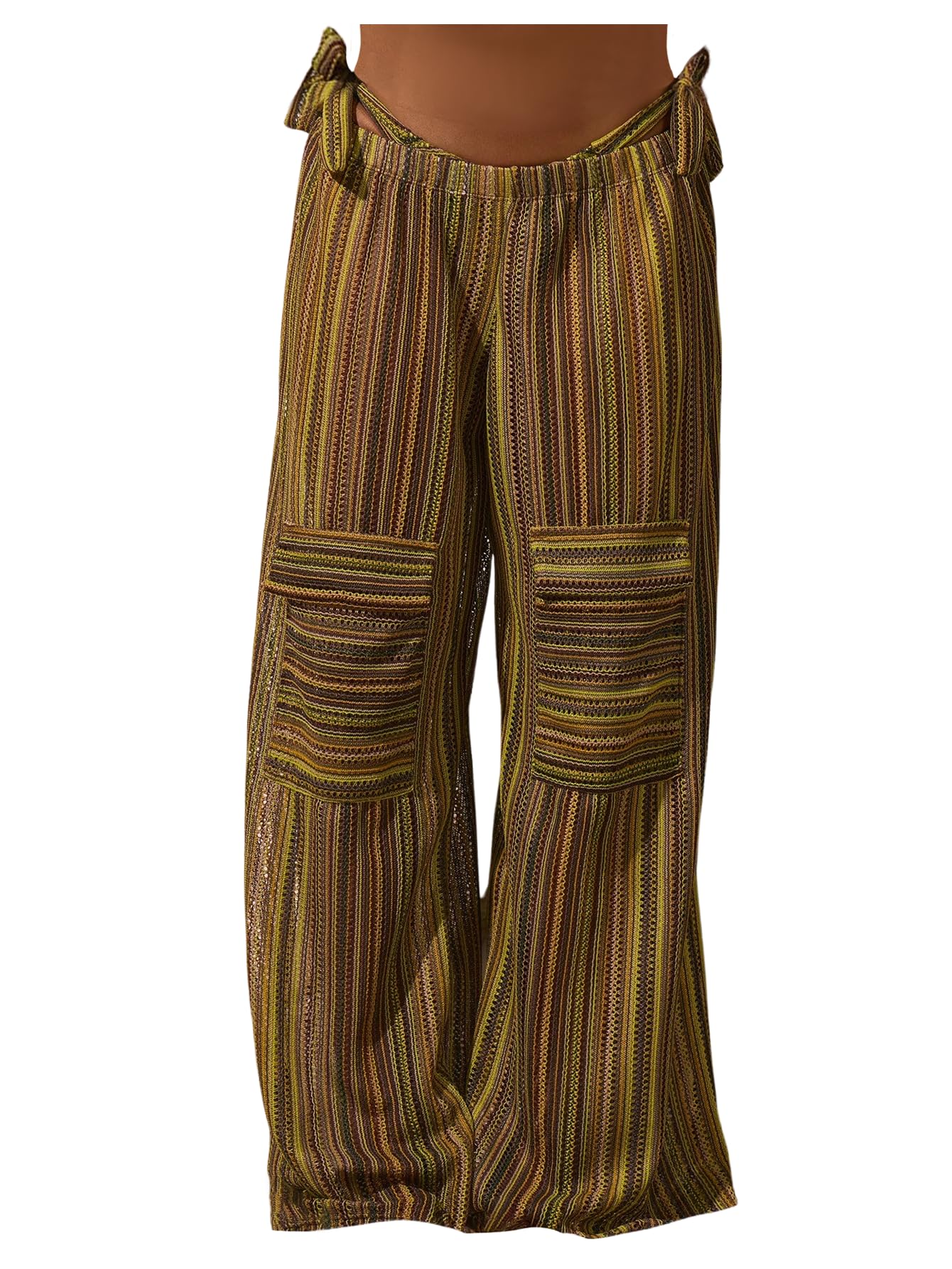 MakeMeChic Womens Striped Crochet Wide Leg Pants Elastic Waist Beach Boho Cover Up Trousers