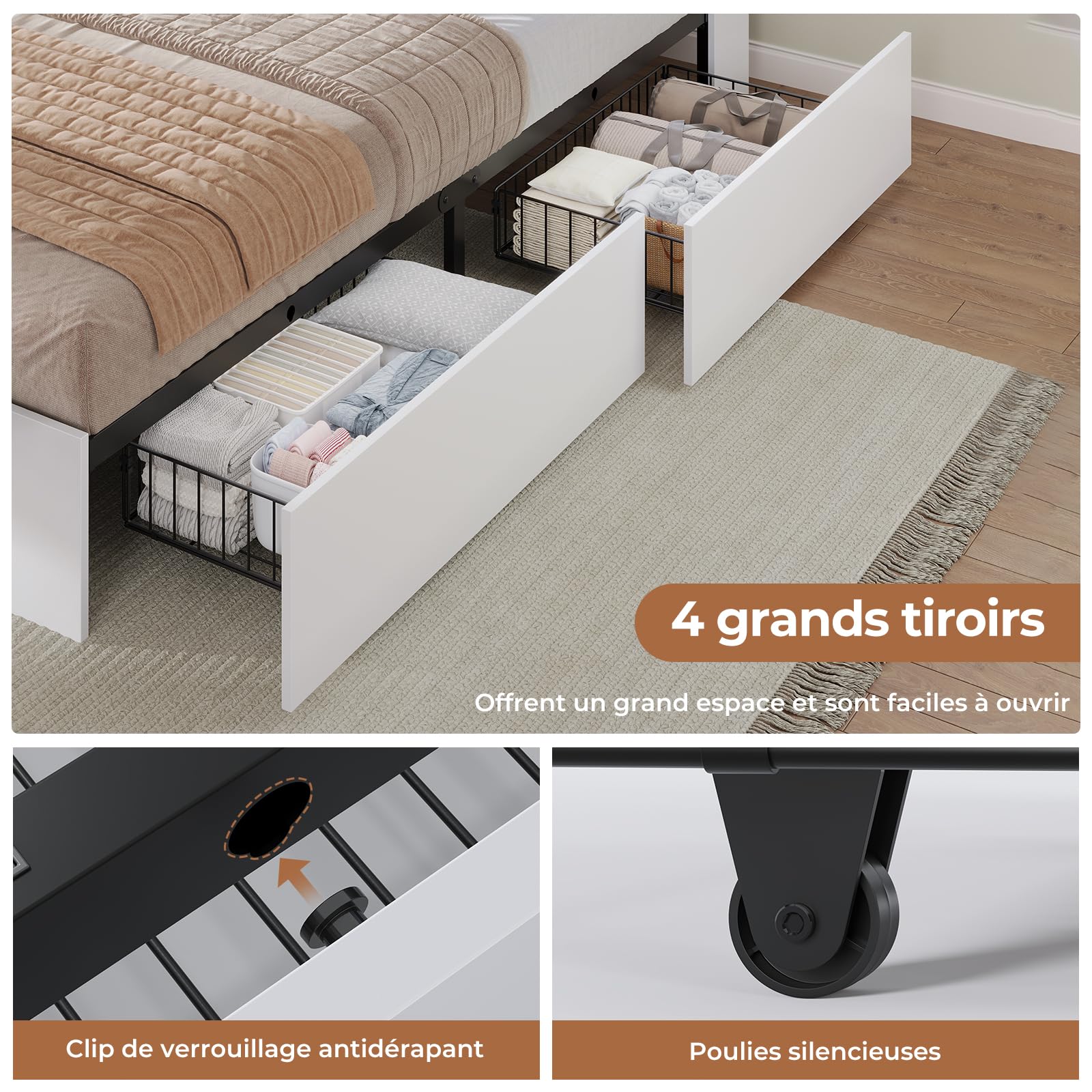AOGLLATI Bett 140×200 cm, Polsterbett mit Ladestation und LED-Beleuchtung, Doppelbett Stauraumbett mit Stauraum Kopfteil, 4 Schubladen, Lattenrost, ohne Matratze(für 140 x 200 cm Matratze), weiß
