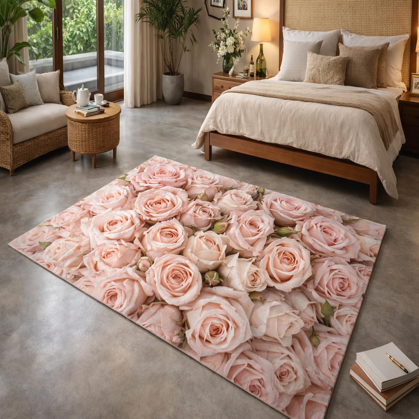 Tapis de salon 180x230cm à poils ras rose floral décoratif et antidérapant