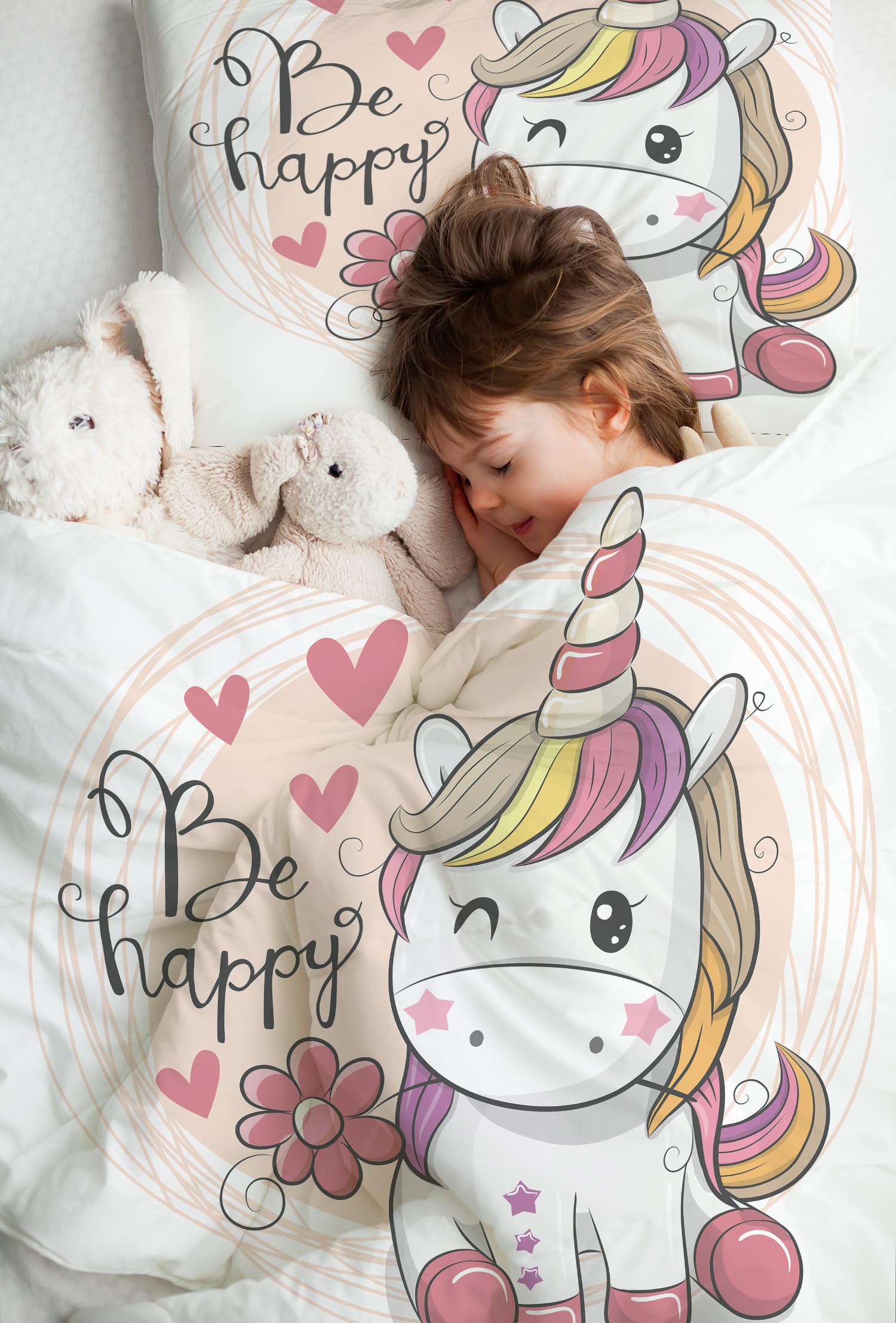 DJDEA Housse de Couette Licorne 1 Personne 90x190 cm Enfant Parure de Lit en Microfibre, Housse Couette Fille et Taie d'oreiller 40x60 cm, 3D Imprimé Licorne Blanc