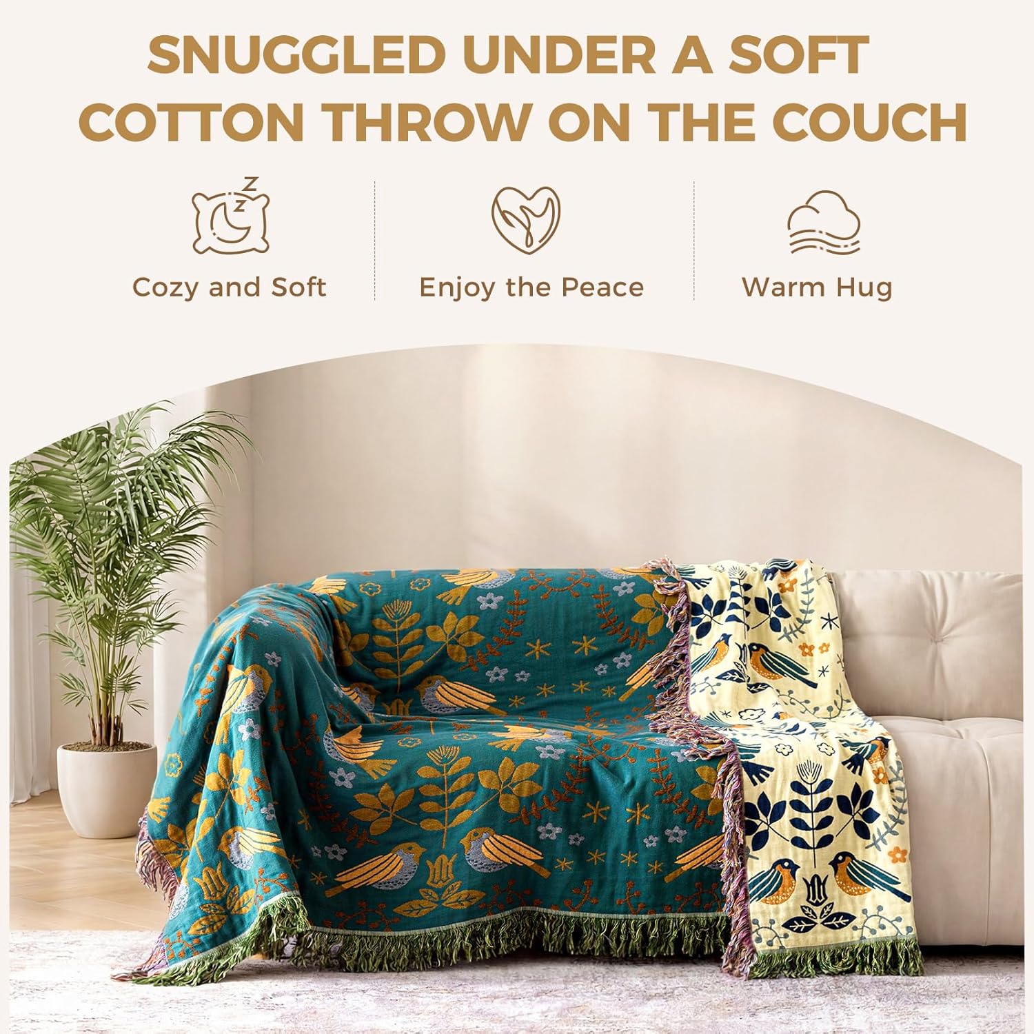 Boho Throw Blanket for Bed 100% Cotton Soft Quilt Spring Lightweight Blanket Bird Floral Embroidery Room Decor Twin Bed Blankets,60"x80" All Season Breathable Throw for Sofa&Couch Chair