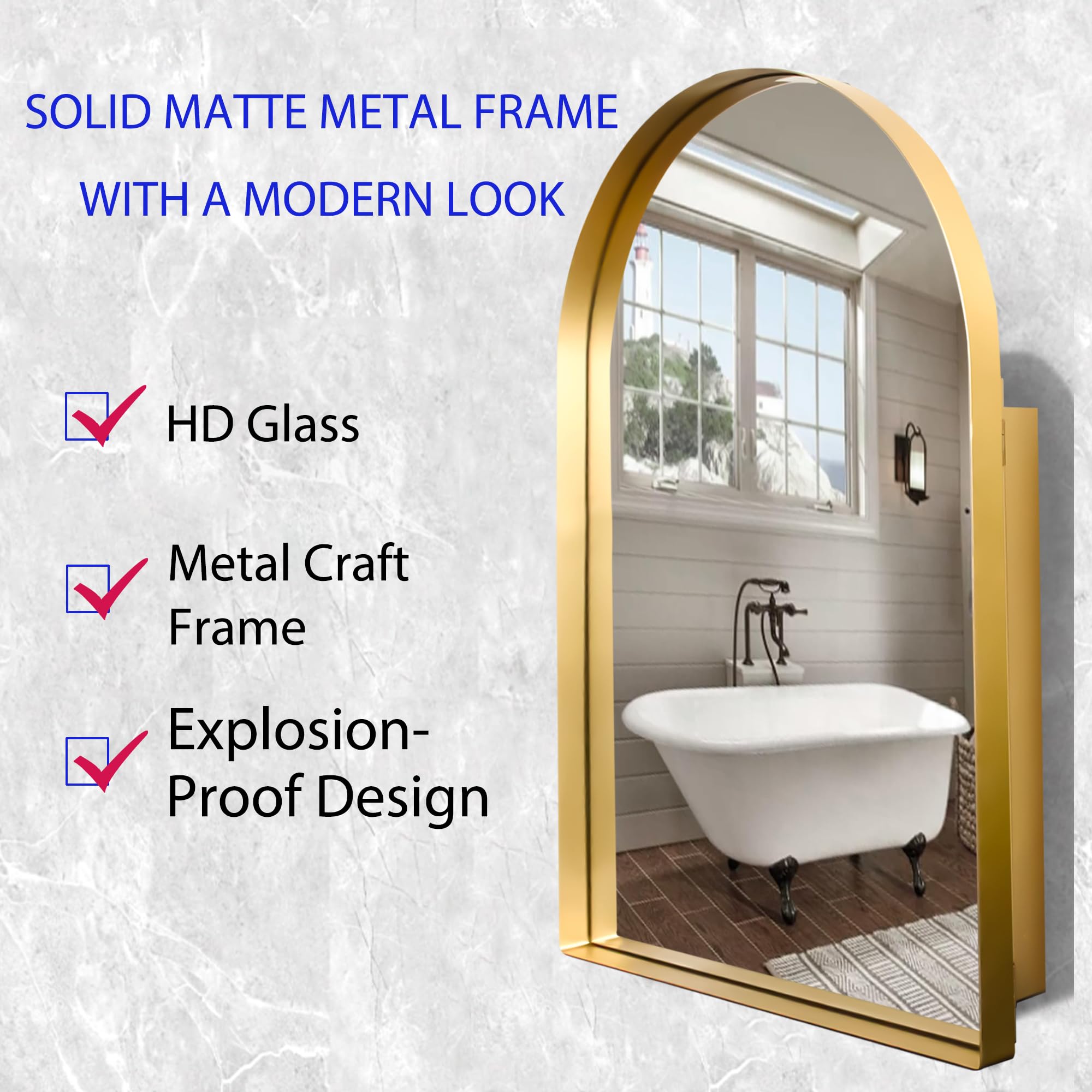 24x36 Inch Arched Recessed Medicine Cabinet - Adjustable Stainless ...