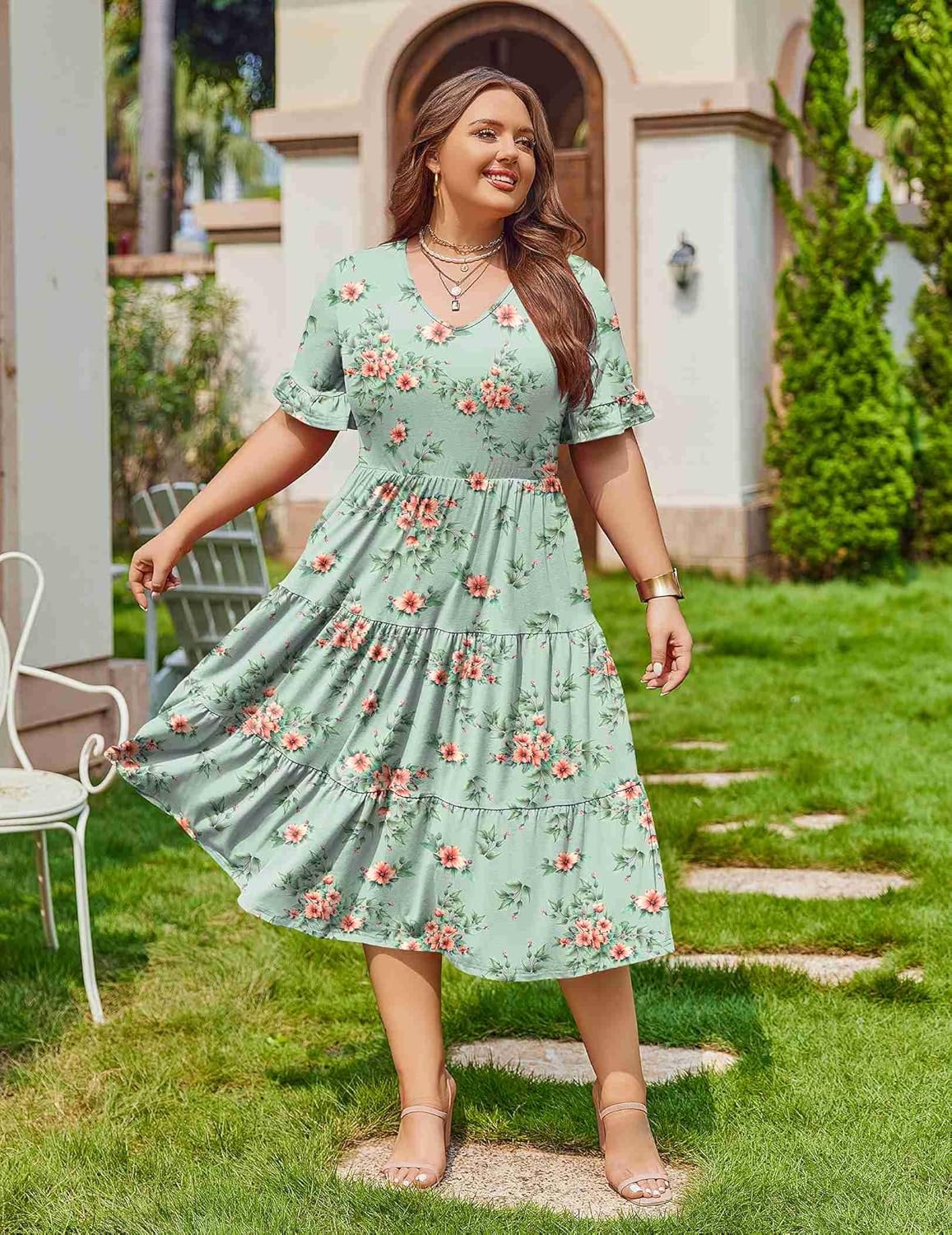 IN'VOLAND Womens Plus Size Short Sleeve Dress Summer Midi Casual Tiered V-Neck Aline Flowy Loose Dresses with Pockets - Image 2