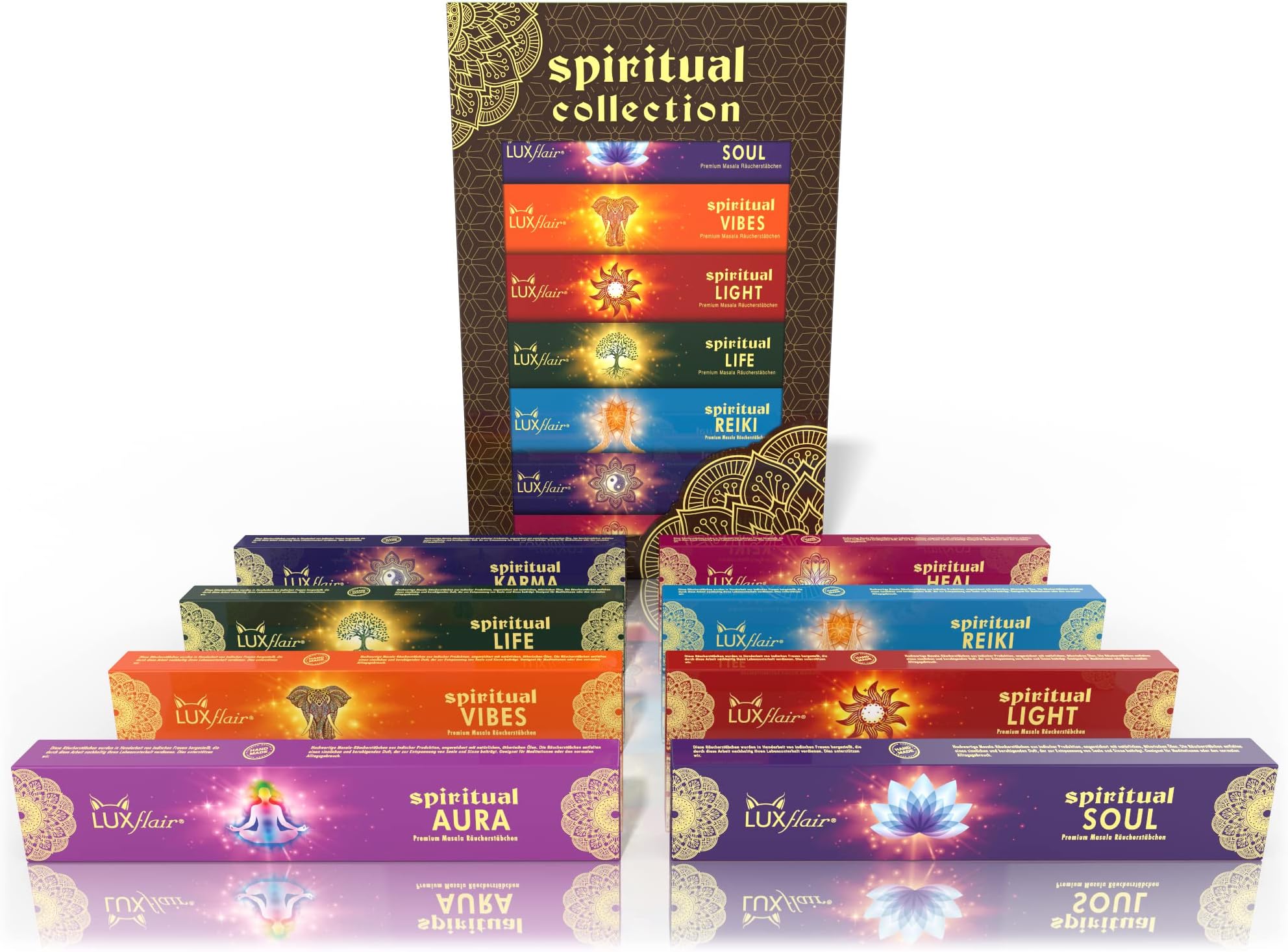 Luxflair Premium masala incense stick set: spiritual collection (Guru, Wisdom, Mantra, Mandala, Yoga, 7 Chakras, Nirvana, Srishti)
