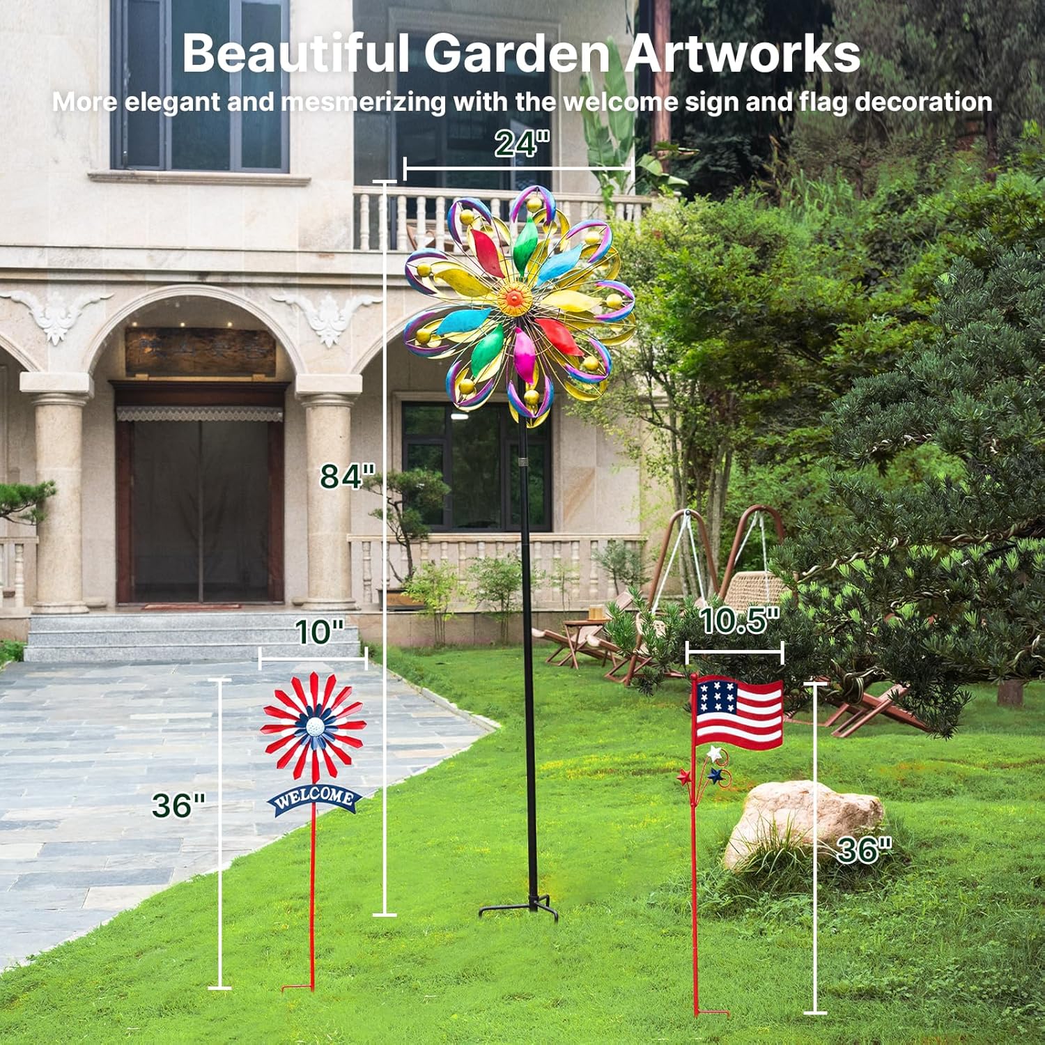 Wind Spinners Outdoor, 84" Large Metal Kinetic Wind Sculptures for Garden, Colorful Yard Art with 2 Piece Welcome Flag Decoration