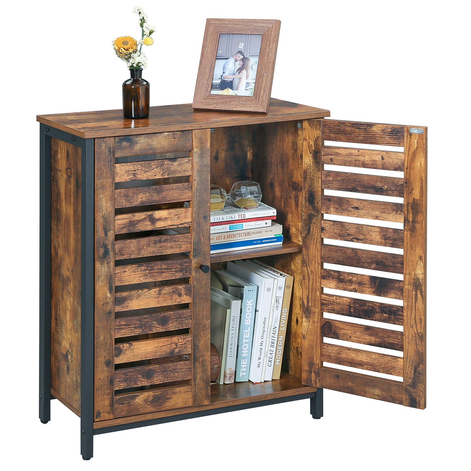 Buffet VASAGLE 100x80cm - 2 Portes Coulissantes Marron/noir | 6 Compartiments Réglables