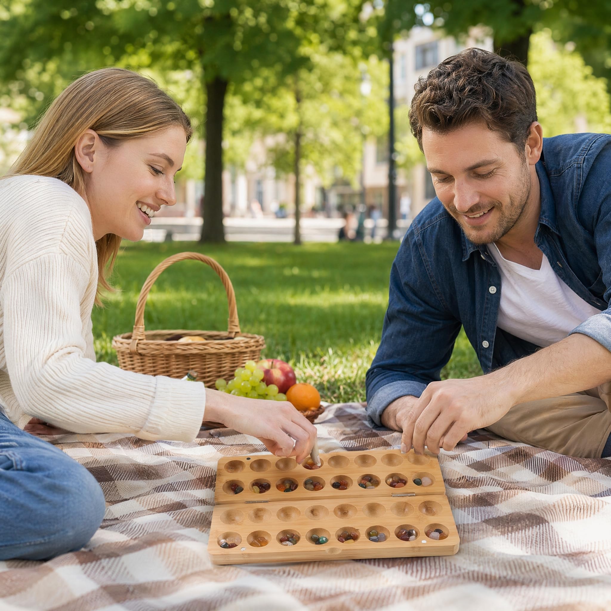POPETPOP Mancala Steinchenspiel Holz mit Steinen, Kalaha Spiel | Faltbares Bambusbrett, 65 bunte , Logikspiel für 2 Spieler, ideal für Reisen, fördert strategisches Denken