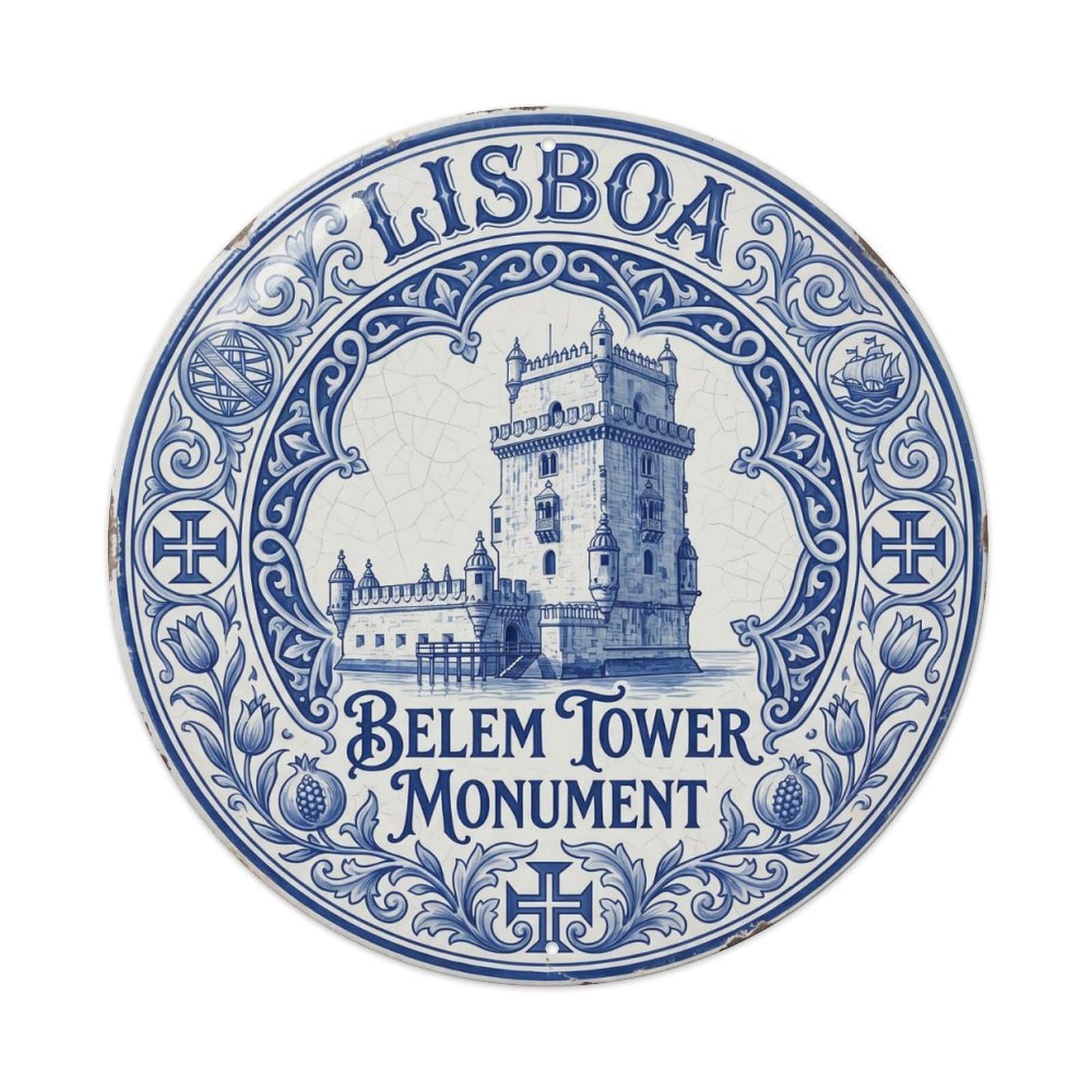 Vintage Travel Belem Tower Lisbon Metal Tin Sign Plaque Wall Decor for Cafe, Club, Garden Round Metal Poster 8x8Inch