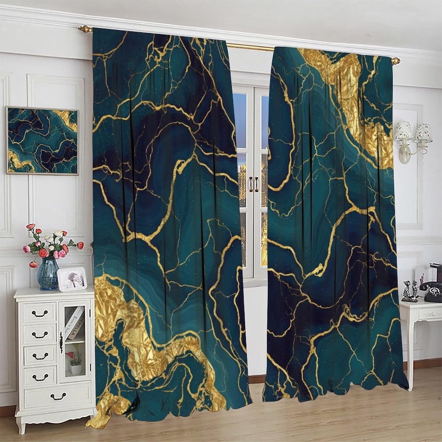 Turquoise Marble Curtains Modern Luxury Abstract Golden Texture Pattern Rod Pocket Blackout Window Drapes for Bedroom Living Room Home,2 Panels Set,42x54 Inch